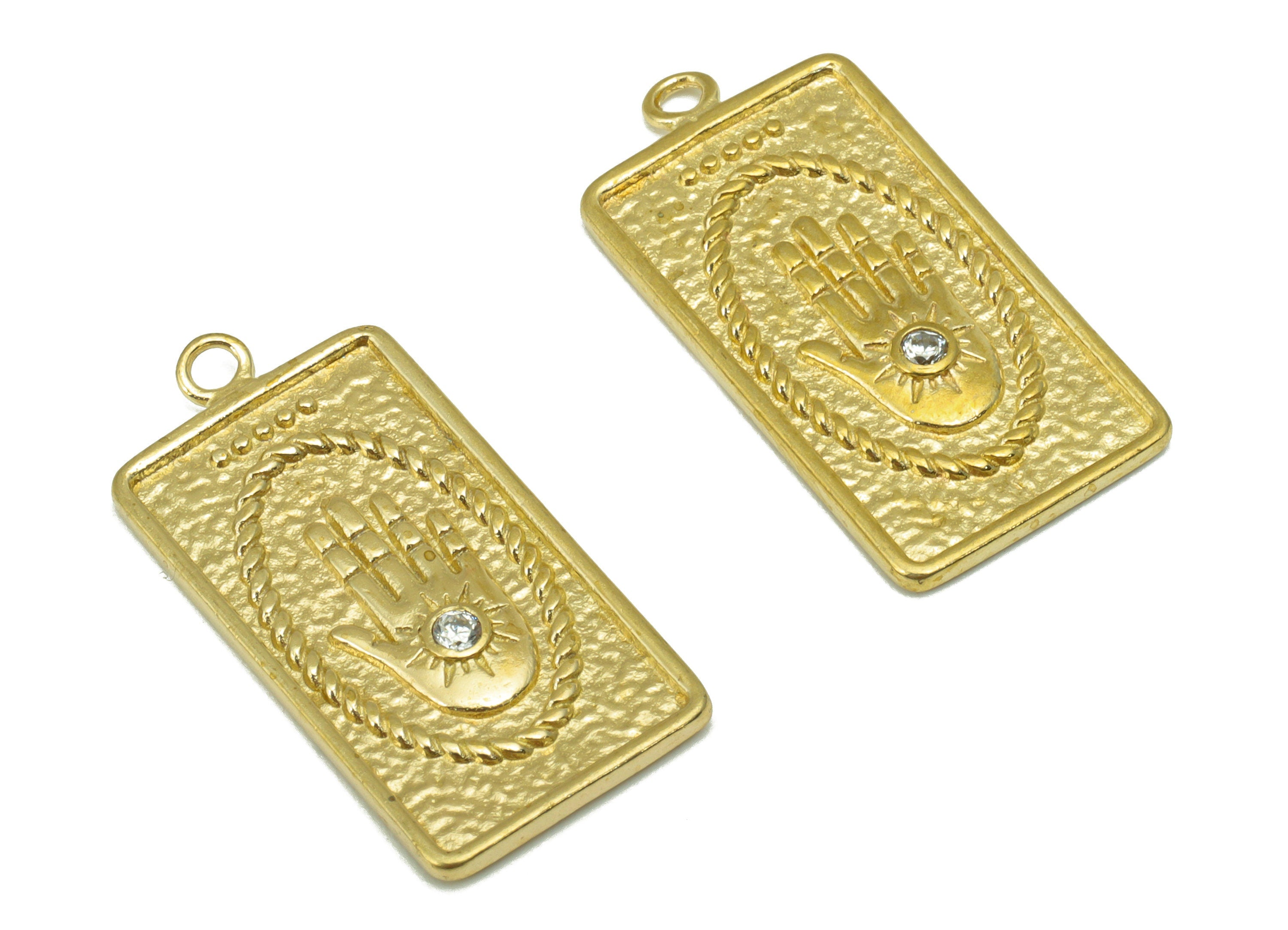 Brass Rectangle Earring - Raw Brass Hammered Charm- Cubic Zircon-Hand Pendant- Earring Charm-Jewelry Supplies -27x 13mm x 1.33mm-PP8400 - DOMEDBAZAAR