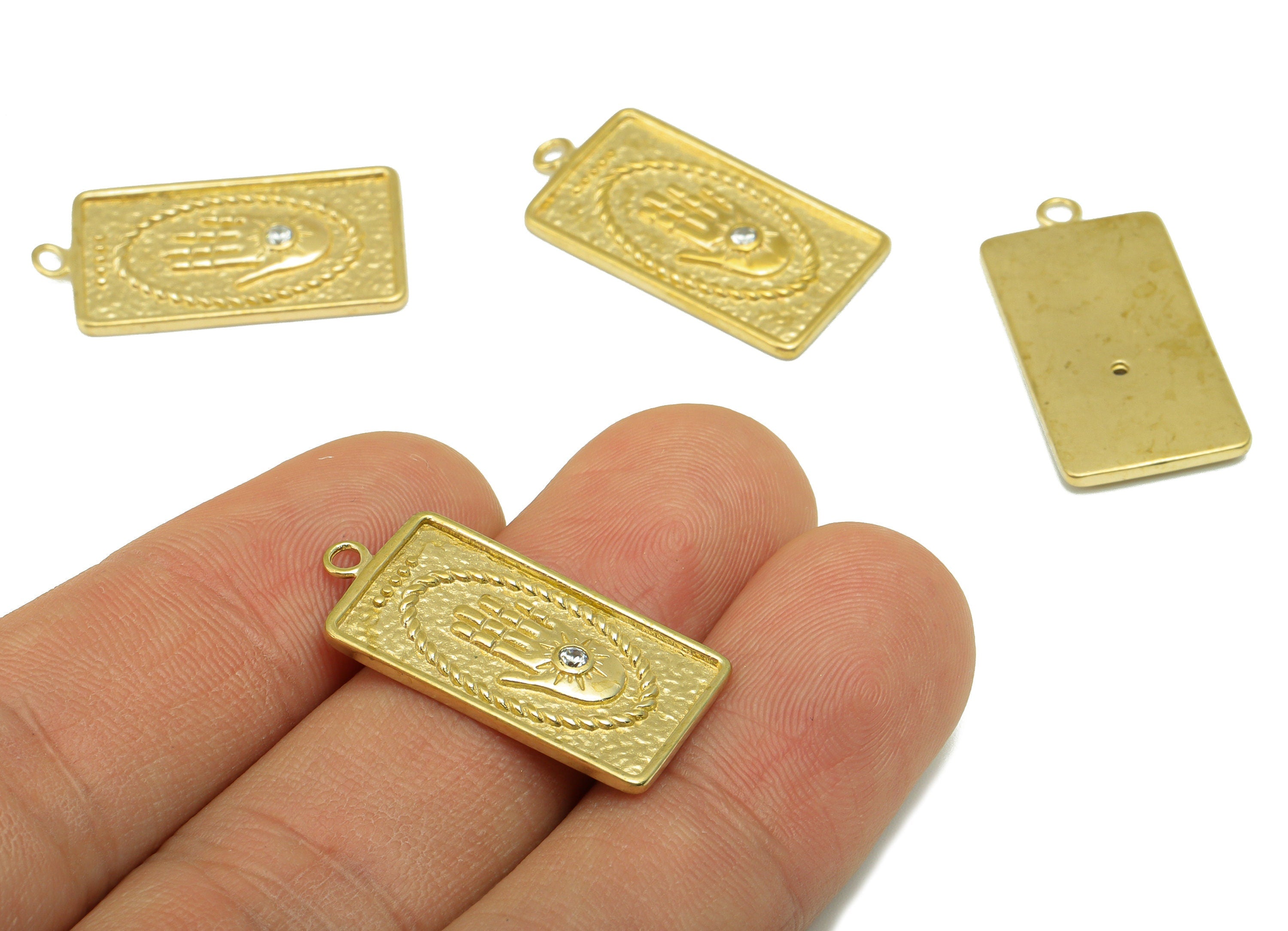 Brass Rectangle Earring - Raw Brass Hammered Charm- Cubic Zircon-Hand Pendant- Earring Charm-Jewelry Supplies -27x 13mm x 1.33mm-PP8400 - DOMEDBAZAAR