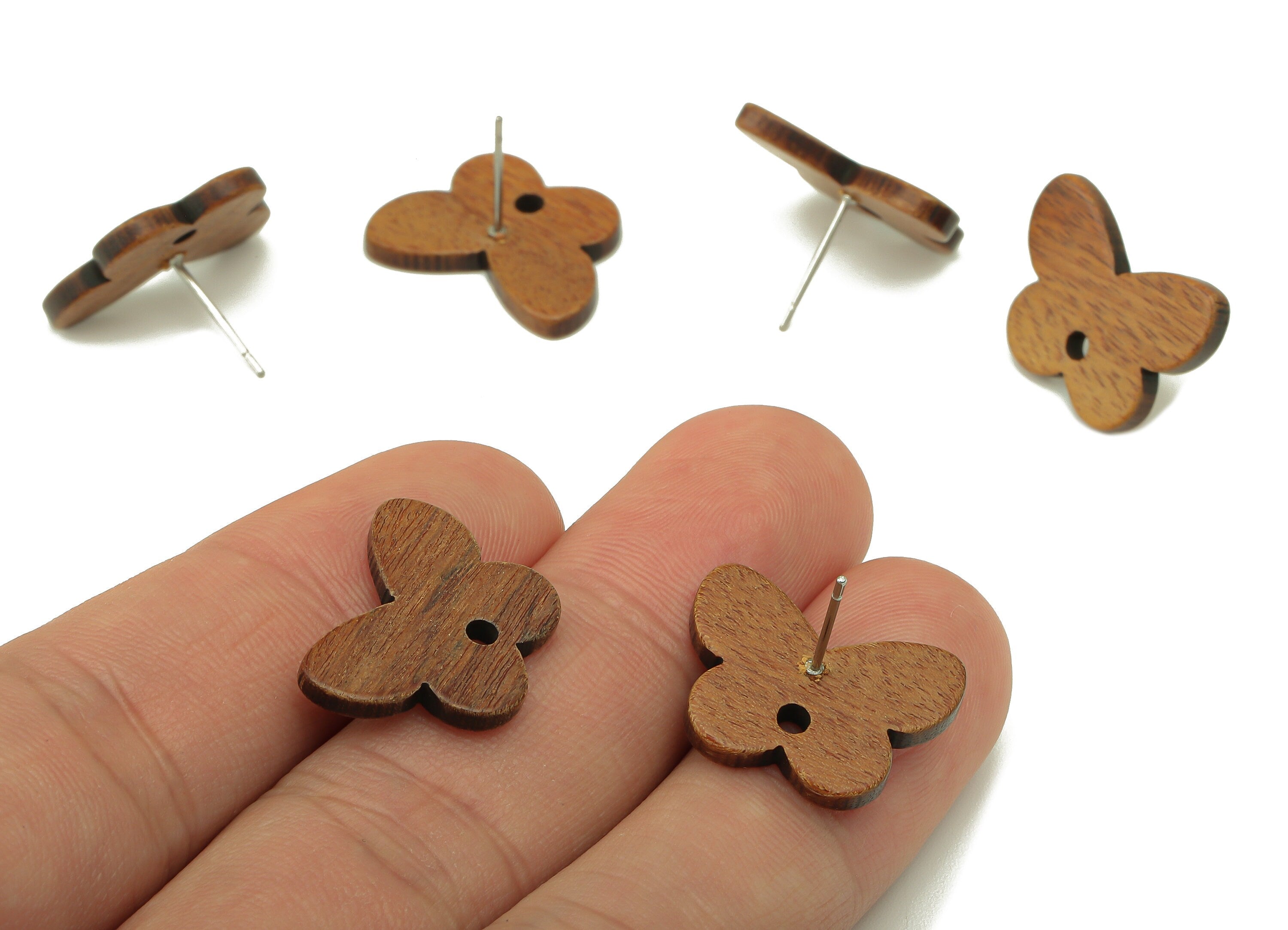 Mahogany Wood Butterfly Earring Stud - Brown Mahogany Wood Animal Earring Post With a Hole - 316 Stainless Steel - 19.6x14.6x2.37mm - BB1298 - DOMEDBAZAAR