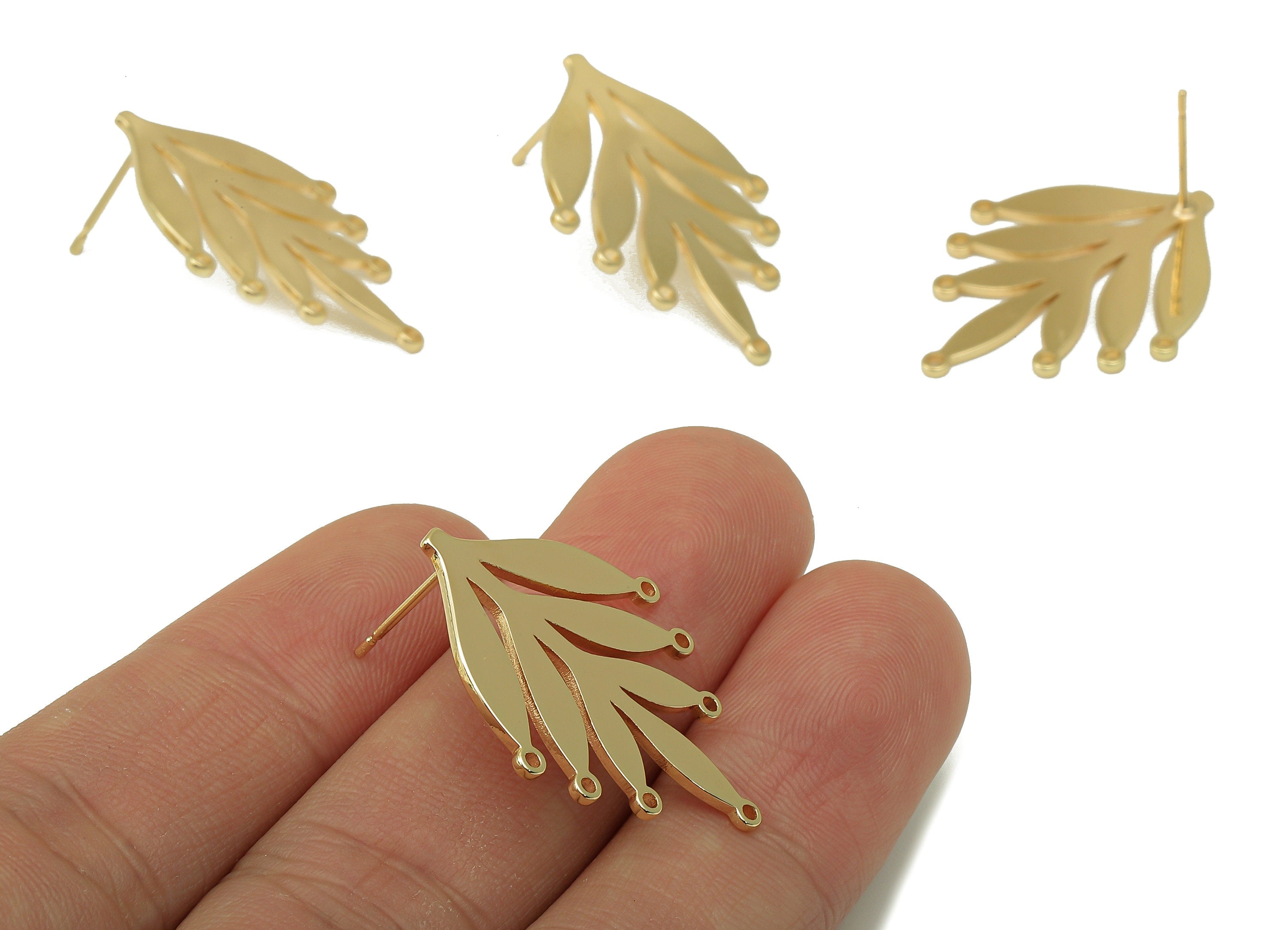Brass Spruce Stud Earring - Brass Botanical Earring Post -leaf Earring Post with Holes - 18K Real Gold Plating - 30.57x23.4x1mm - RGP5910G - DOMEDBAZAAR