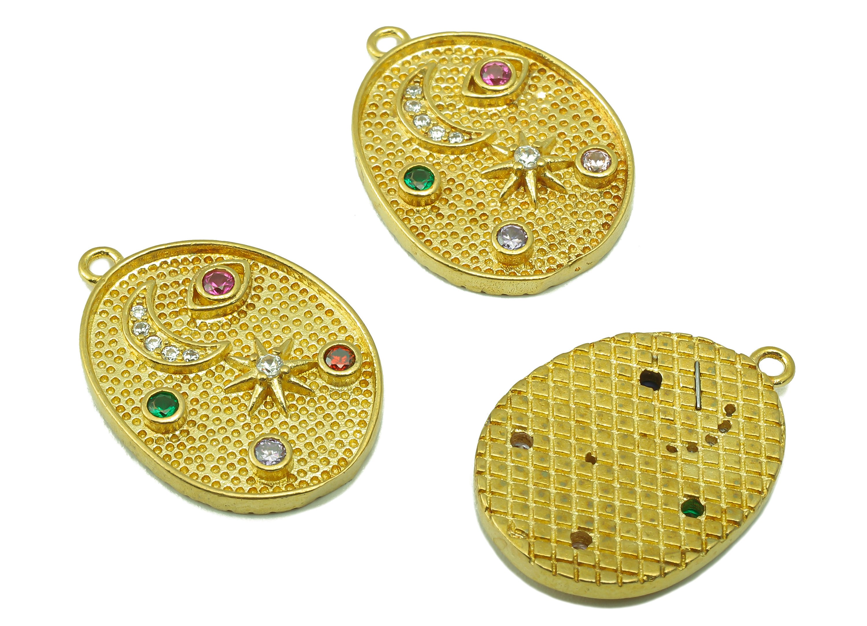 Brass Round Earring Charms - Raw Brass Cubic Zirconia Crescent Pendant - CZ Sunshine Moon - For Necklace - 23.72 x 16.87 x 2.3mm - PP7637 - DOMEDBAZAAR