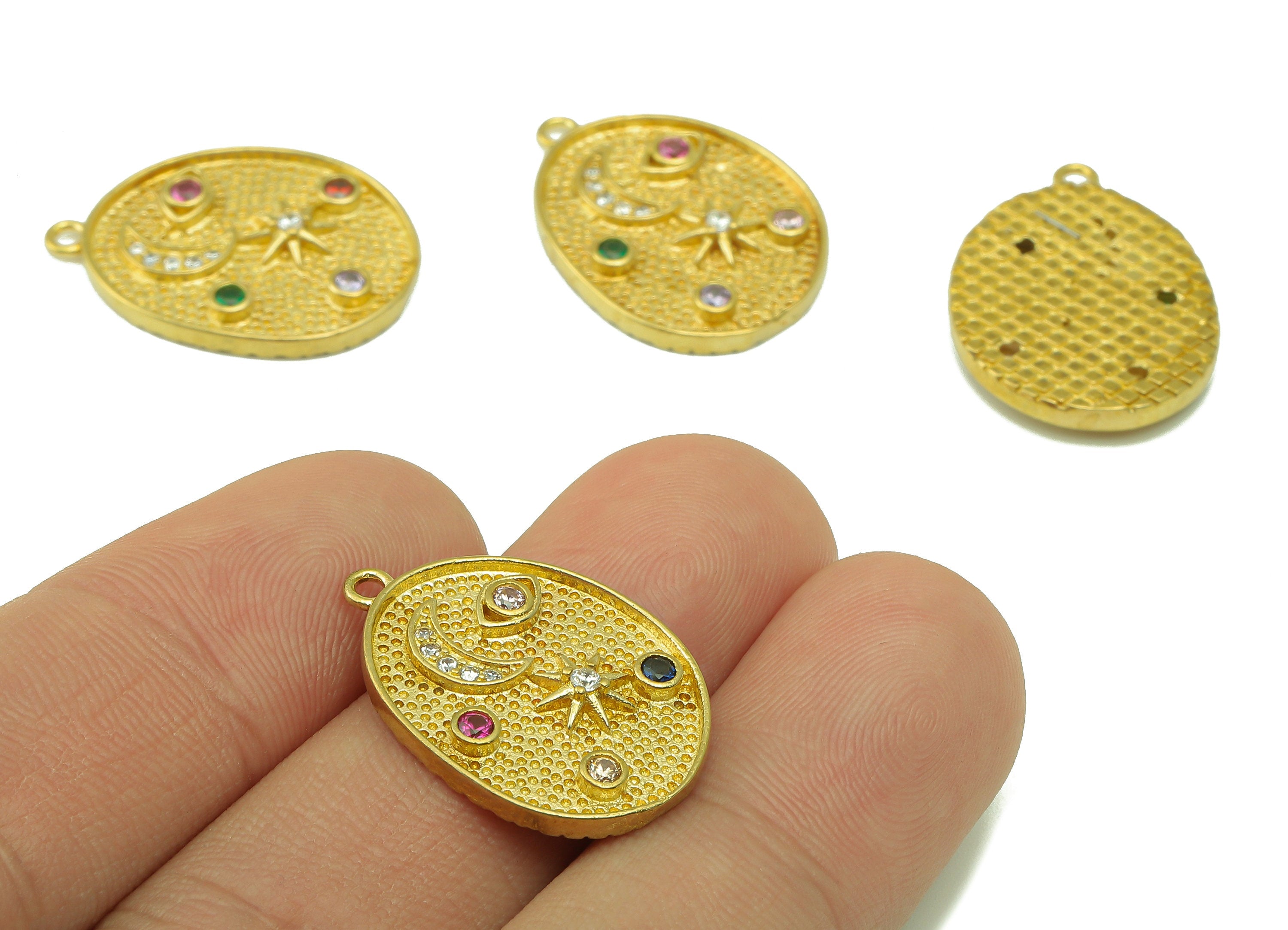 Brass Round Earring Charms - Raw Brass Cubic Zirconia Crescent Pendant - CZ Sunshine Moon - For Necklace - 23.72 x 16.87 x 2.3mm - PP7637 - DOMEDBAZAAR