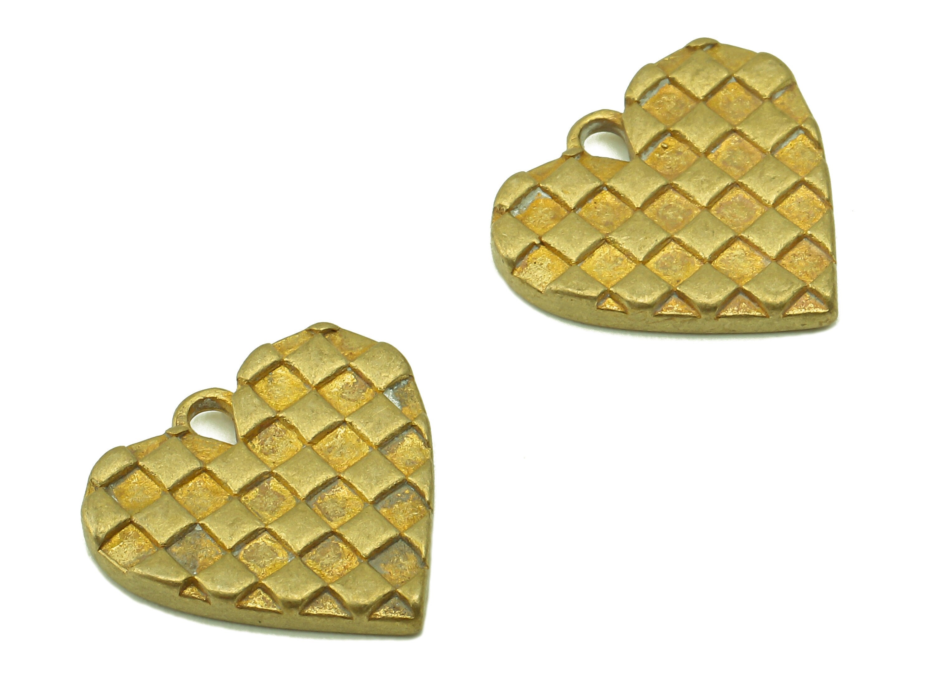 Brass Heart Earring Charms - Raw Brass Heart Pendant For Necklace - Square Grid Earring Charms - Jewelry Making - 14.8x15.6 x 2.2mm - PP8555 - DOMEDBAZAAR