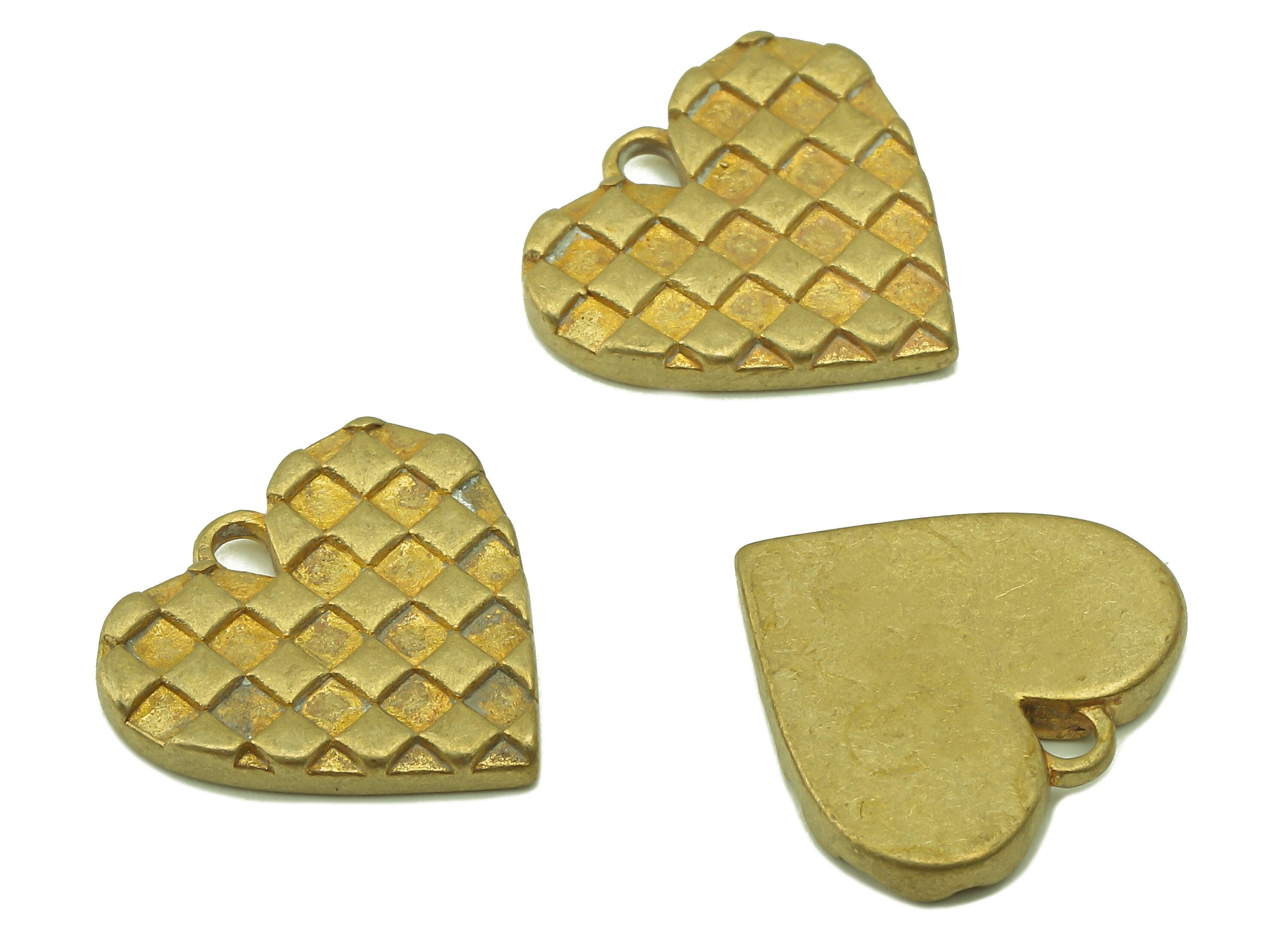 Brass Heart Earring Charms - Raw Brass Heart Pendant For Necklace - Square Grid Earring Charms - Jewelry Making - 14.8x15.6 x 2.2mm - PP8555 - DOMEDBAZAAR