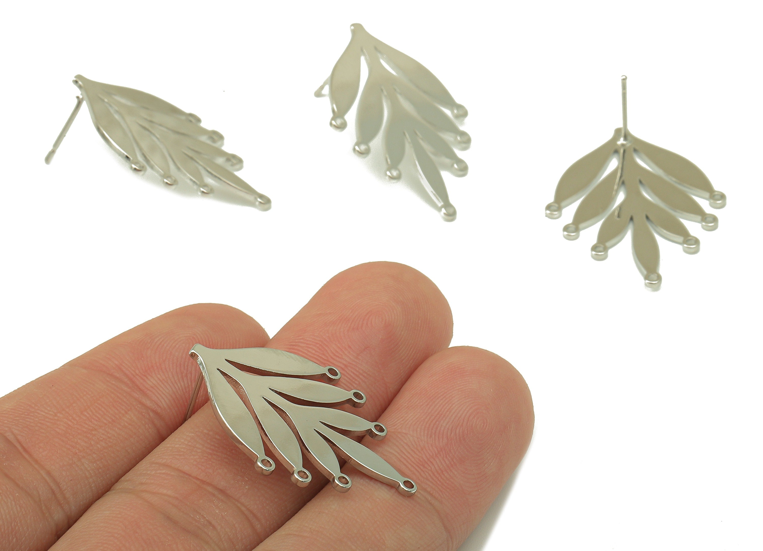 Brass Spruce Stud Earring - Botanical Earring Post -leaf Earring Post with Holes - 18k real white gold plating- 31x23.4x1mm - RGP5910G - DOMEDBAZAAR