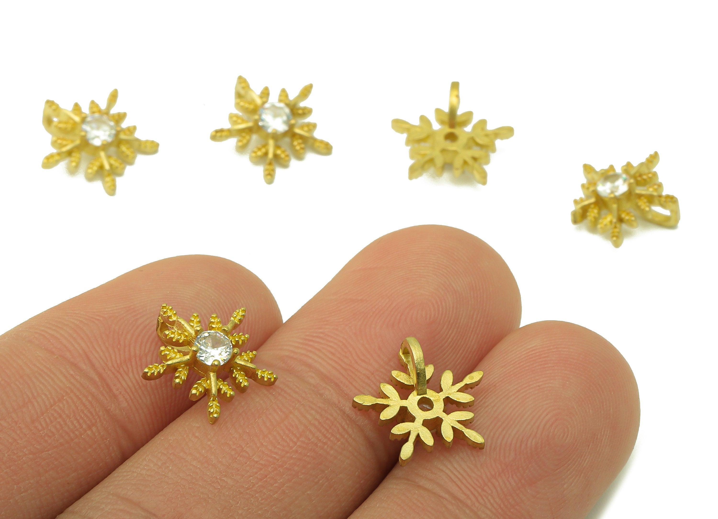 Brass Snowflake Earring Charms - Raw Brass Cubic Zirconia Snowflake Pendant - For Necklace - Jewelry Making - 11.75 x 11.95 x 3.3mm - PP8580 - DOMEDBAZAAR