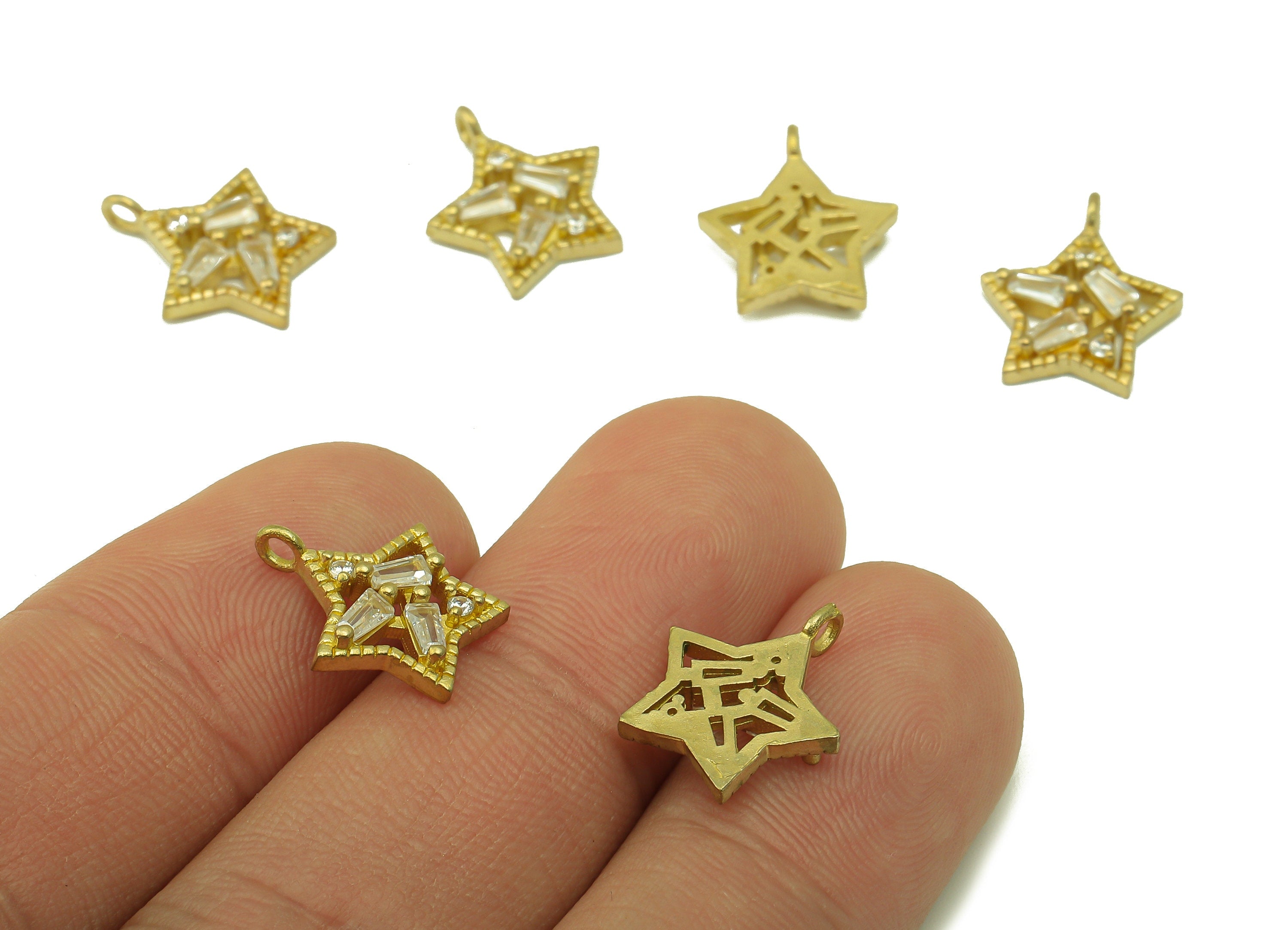 Brass Star Earring Charms - Raw Brass Cubic Zirconia Hollow Pendant - For Necklace - Jewelry Making - 14.67 x 12.6 x 2.87mm - PP8581 - DOMEDBAZAAR