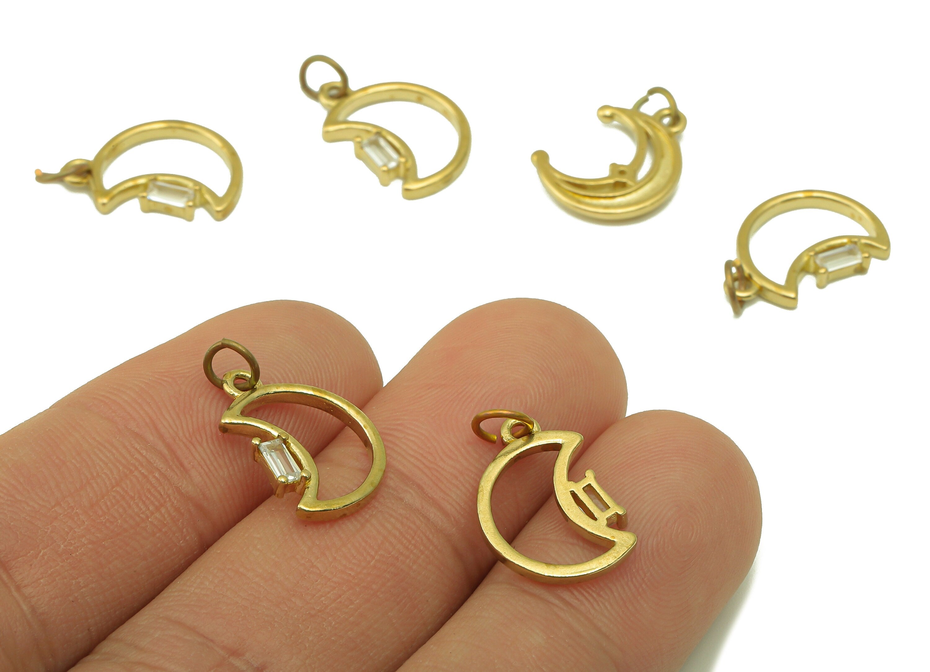 Brass Moon Earring Charms - Raw Brass Crescent Cubic Zirconia With Hoop - CZ Crescent Hollow Pendant - Jewelry Making - 16x12x2.5mm- PP8584 - DOMEDBAZAAR