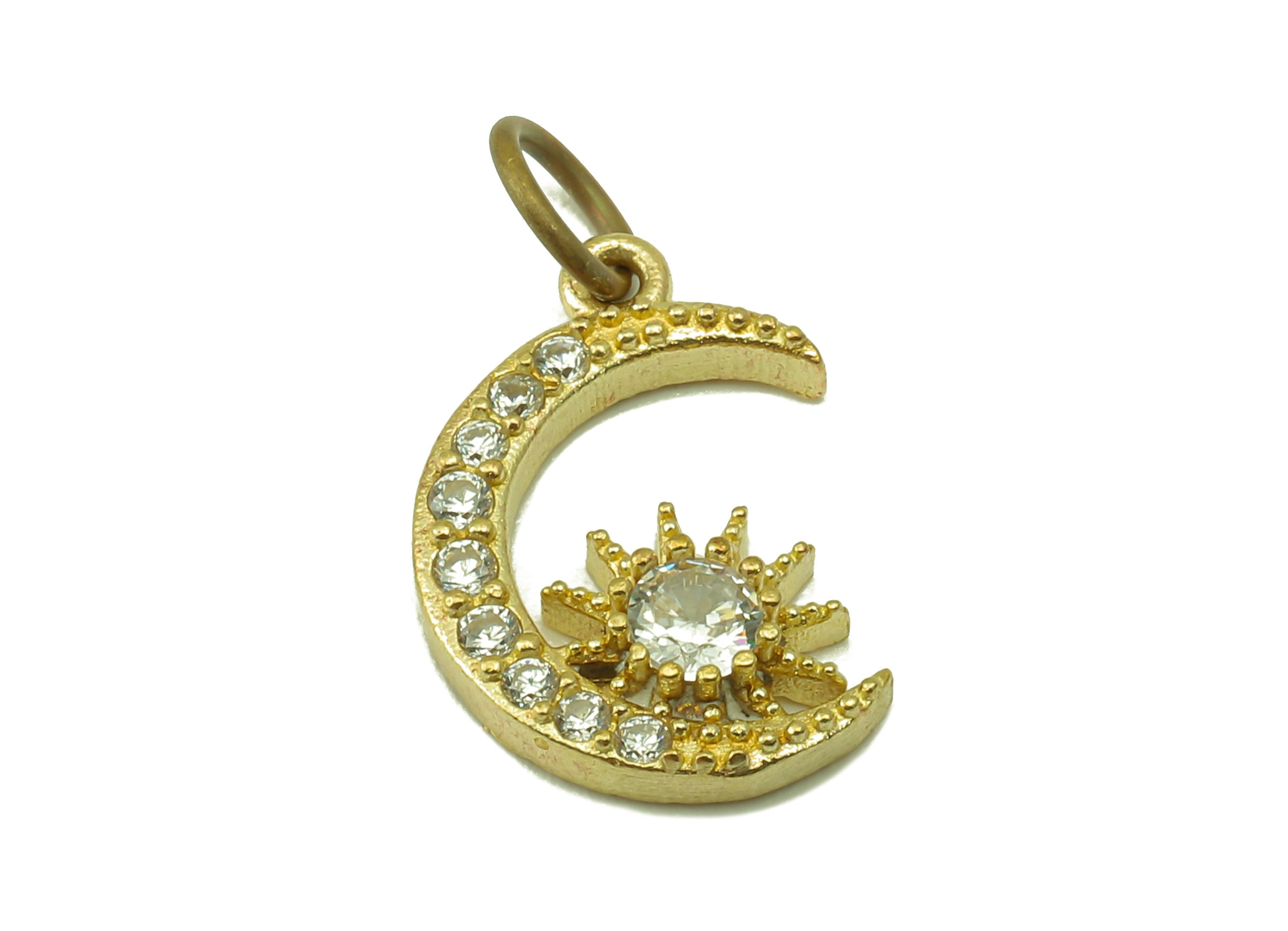 Brass Moon Earring Charms - Raw Brass Crescent Sun Cubic Zirconia With Hoop - Crescent Sun Pendant - Jewelry Making - 15.1x10x2.5mm- PP8588 - DOMEDBAZAAR