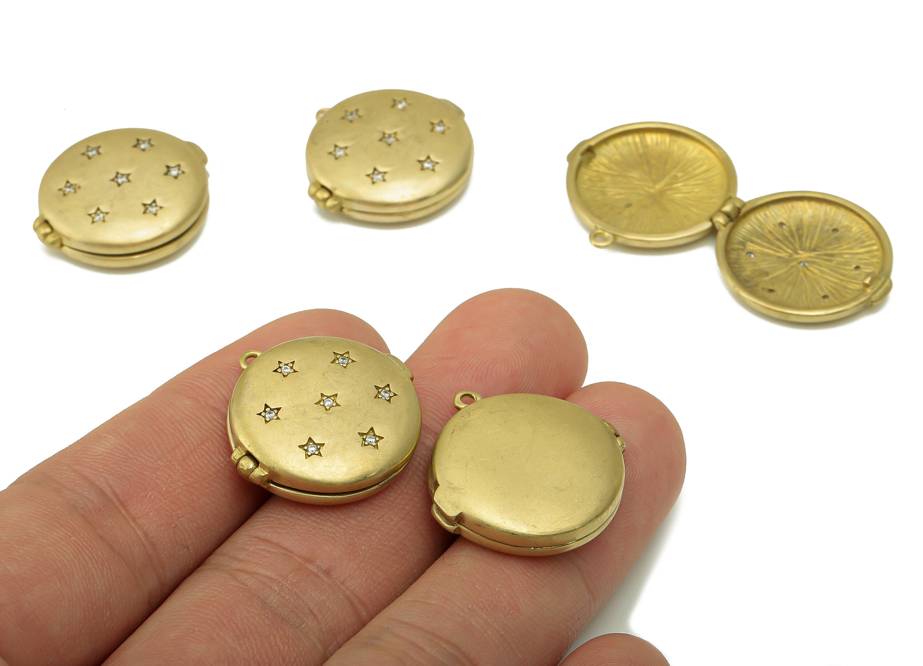 Brass Watch Earring - Raw Brass Cubic Zircon Pocket Watch Pendant -CZ Circle For Necklace - Round Star Watch - 23.09 x 23.24x 6.13mm- PP8571 - DOMEDBAZAAR