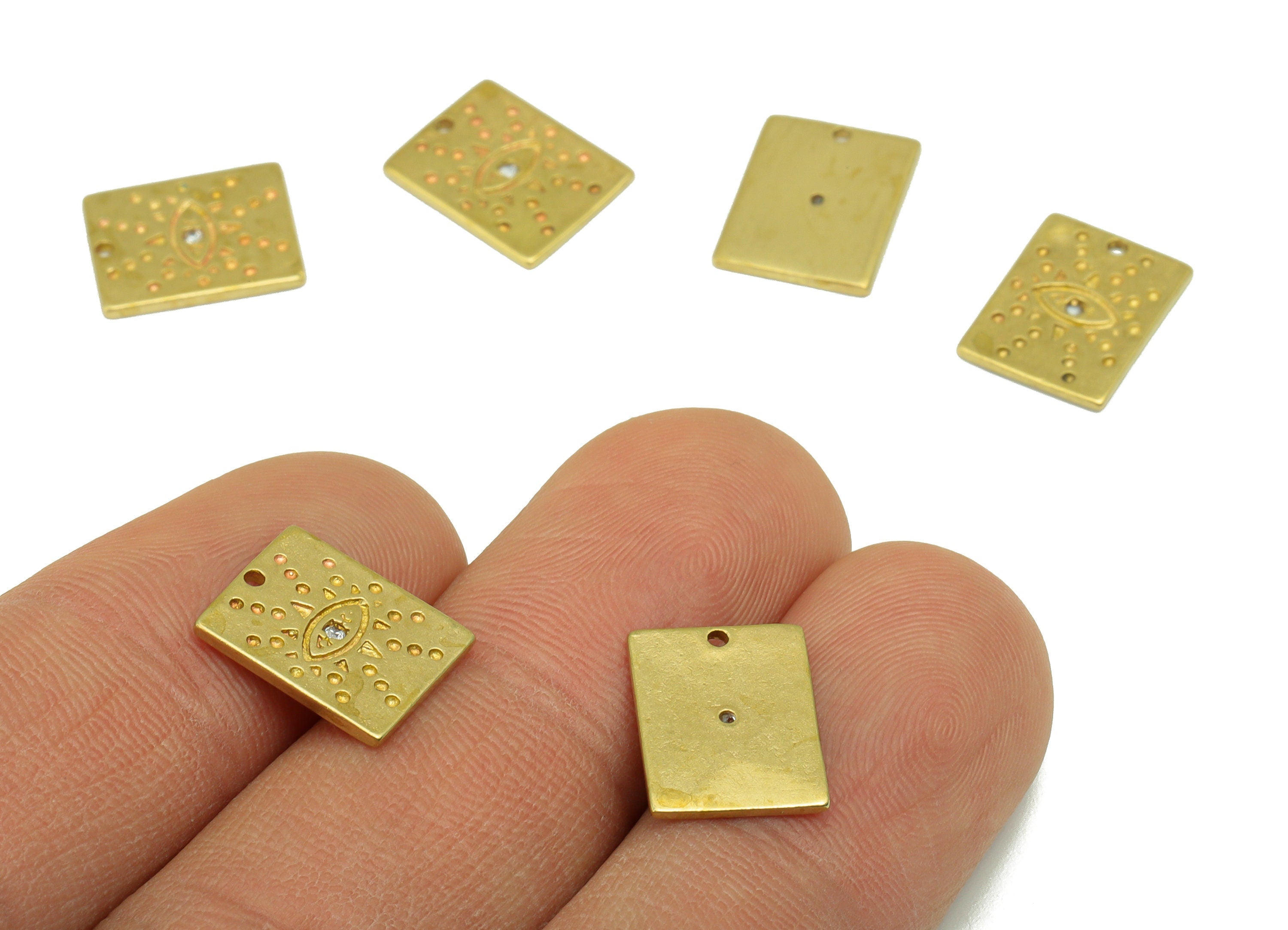 Brass Rectangle Earring Charm - Raw Brass Eye Pendant -Cubic Zircon -ForEarring - Jewelry Supplies -12 x9 x 1.09mm-PP8447 - DOMEDBAZAAR