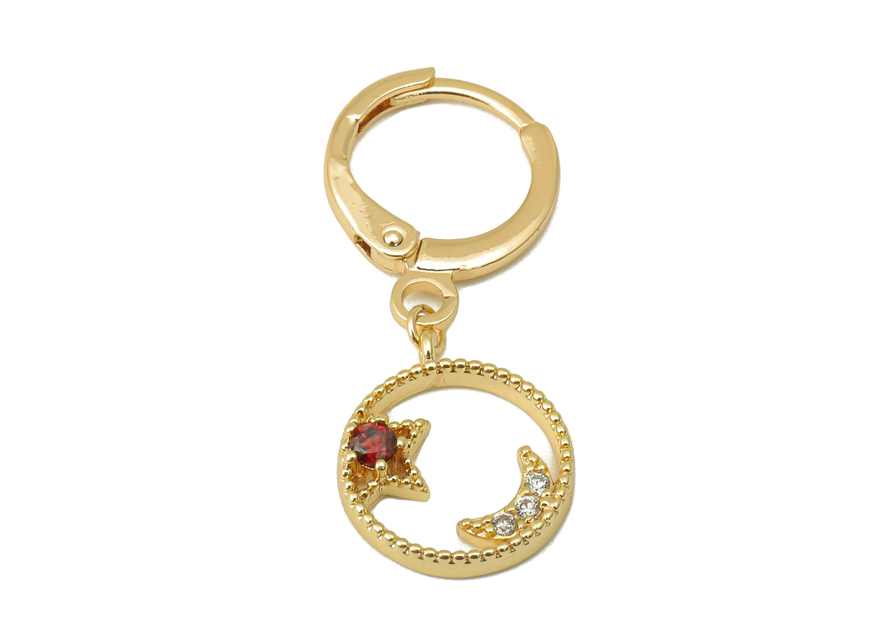 Brass Clasp Earring - Brass CZ Crescent Lever back Earring Huggie - Cubic Zirconia Star Hoop- 18K Real Gold Plating - 29x11x1.59mm - RGP6060 - DOMEDBAZAAR