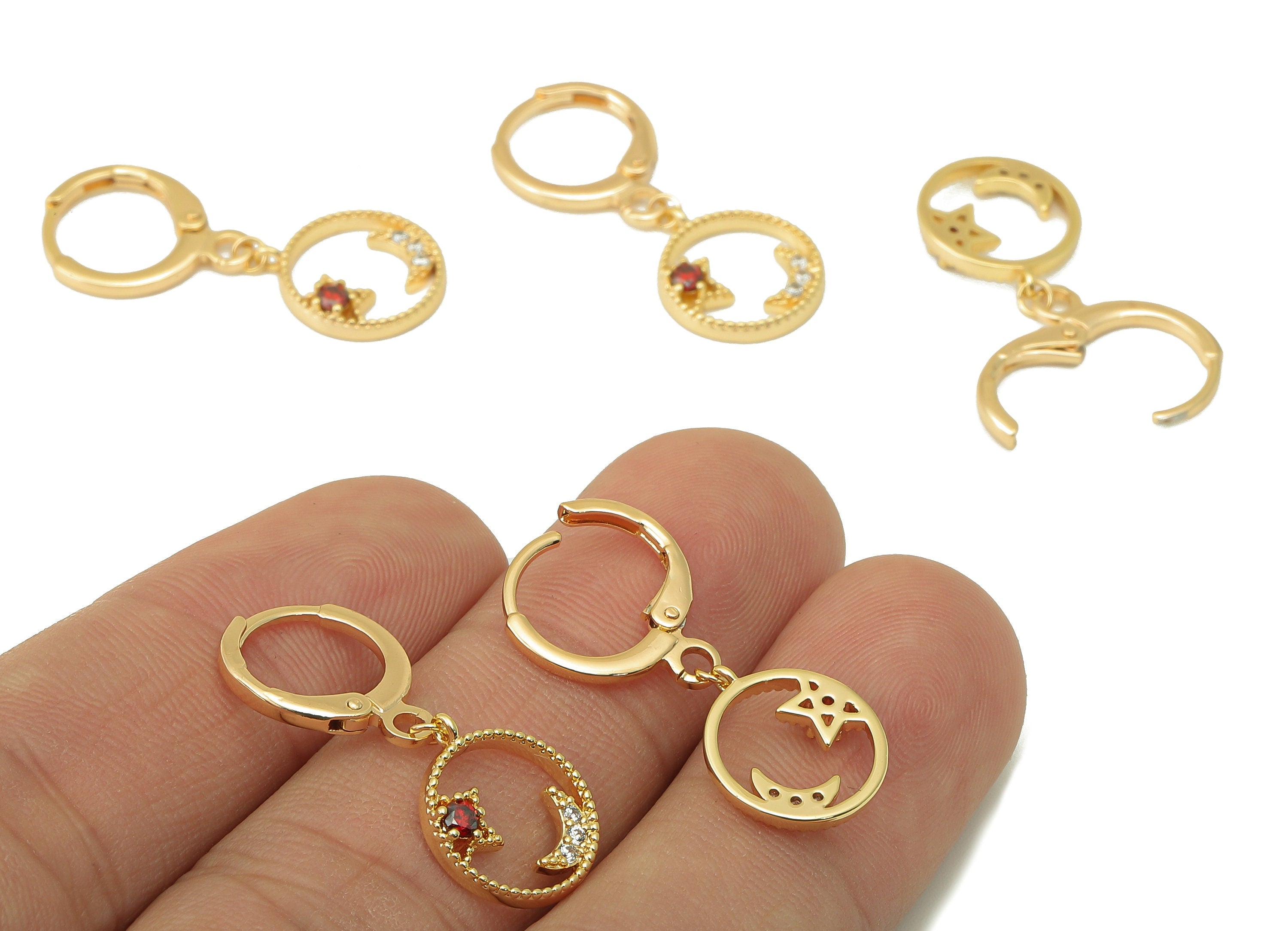 Brass Clasp Earring - Brass CZ Crescent Lever back Earring Huggie - Cubic Zirconia Star Hoop- 18K Real Gold Plating - 29x11x1.59mm - RGP6060 - DOMEDBAZAAR