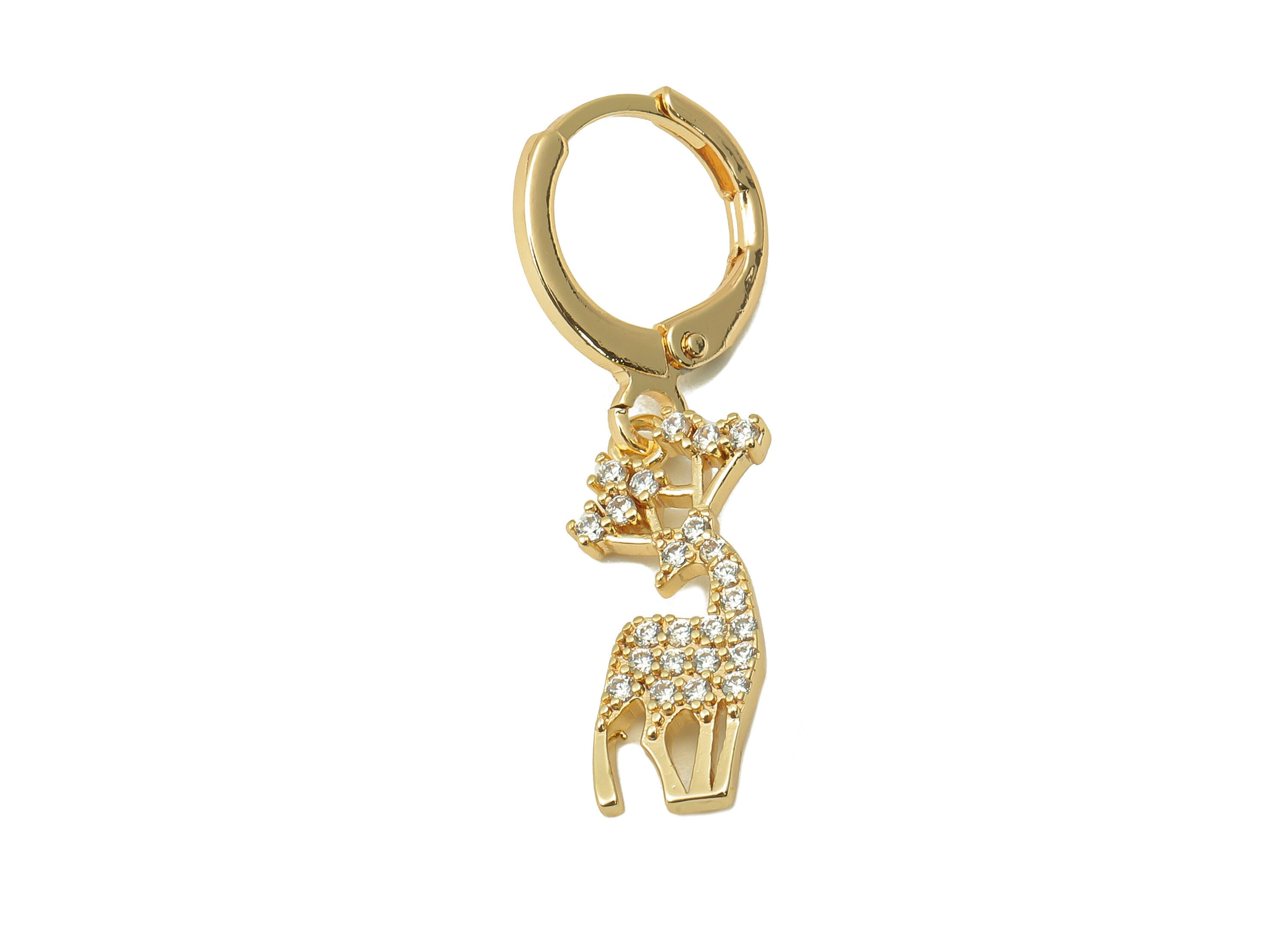 Brass Clasp Earring - Brass CZ Sika Deer Lever back Earring Huggie - Cubic Zirconia Deer Hoop- 18K Real Gold Plating - 31x11x1.6mm - RGP6063 - DOMEDBAZAAR