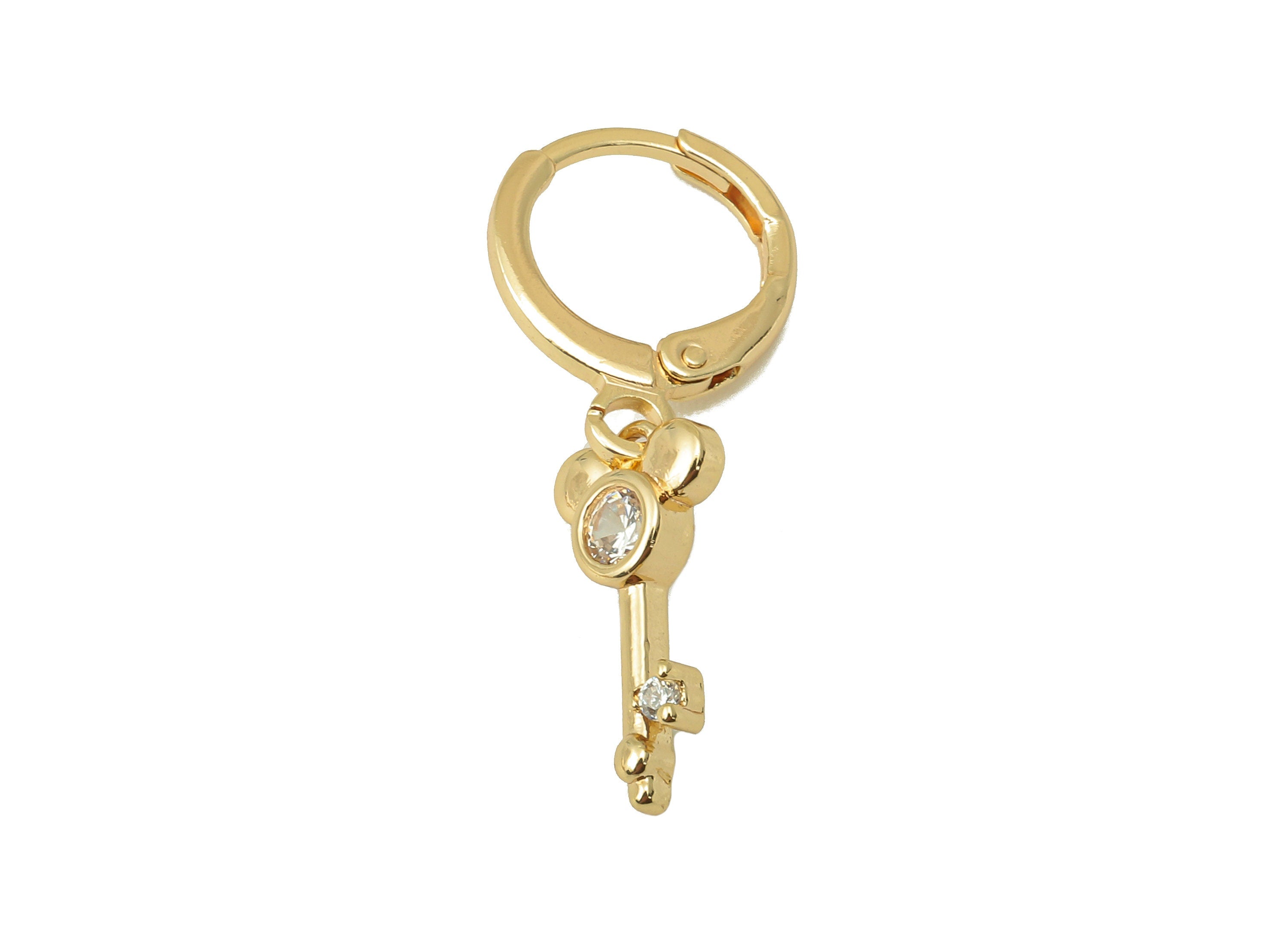 Brass Clasp Earring - Brass CZ Key Lever back Earring Huggie - Cubic Zirconia Mickey Hoop- 18K Real Gold Plating - 28x 11x 2.22mm - RGP6064 - DOMEDBAZAAR
