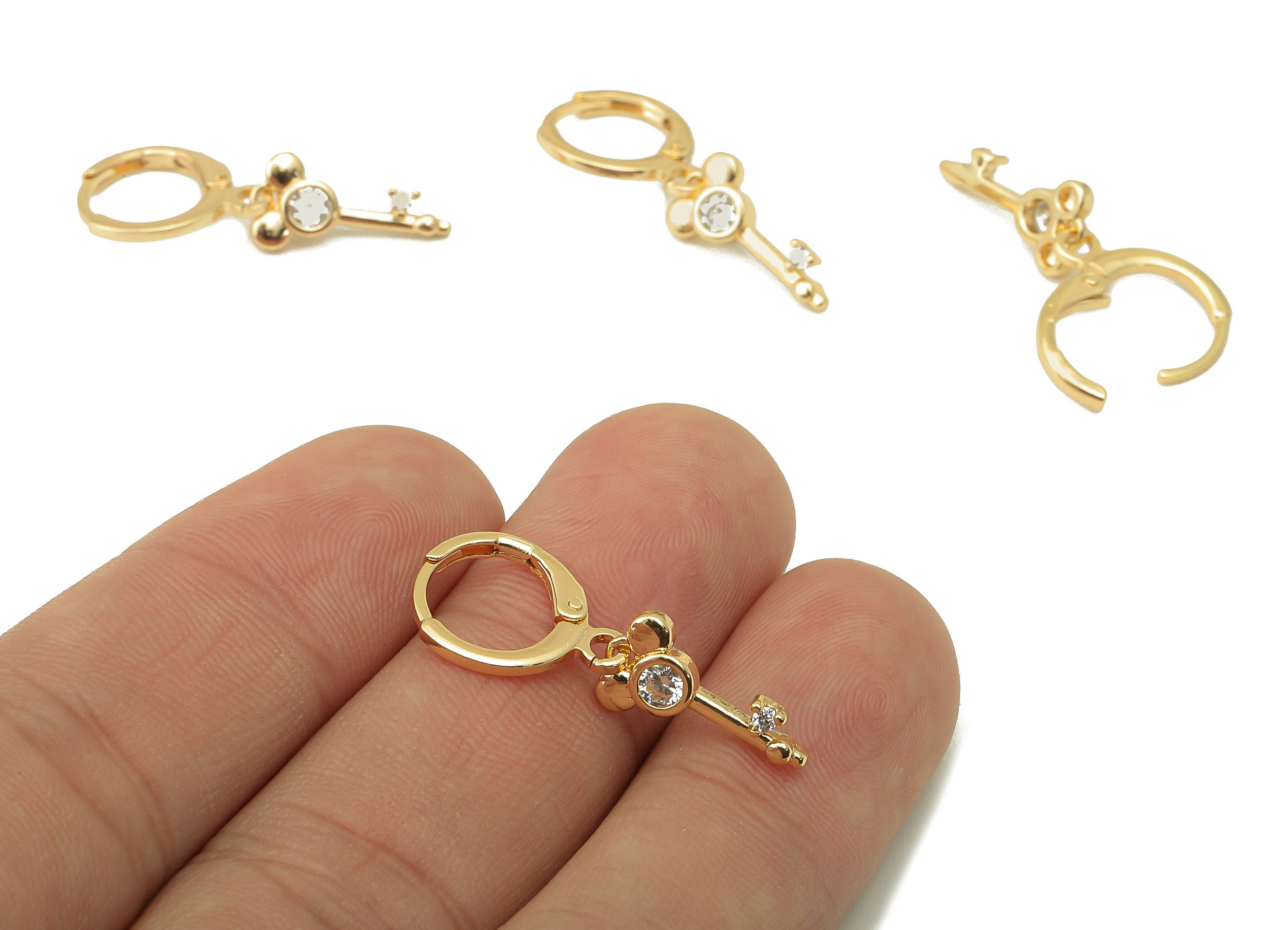 Brass Clasp Earring - Brass CZ Key Lever back Earring Huggie - Cubic Zirconia Mickey Hoop- 18K Real Gold Plating - 28x 11x 2.22mm - RGP6064 - DOMEDBAZAAR