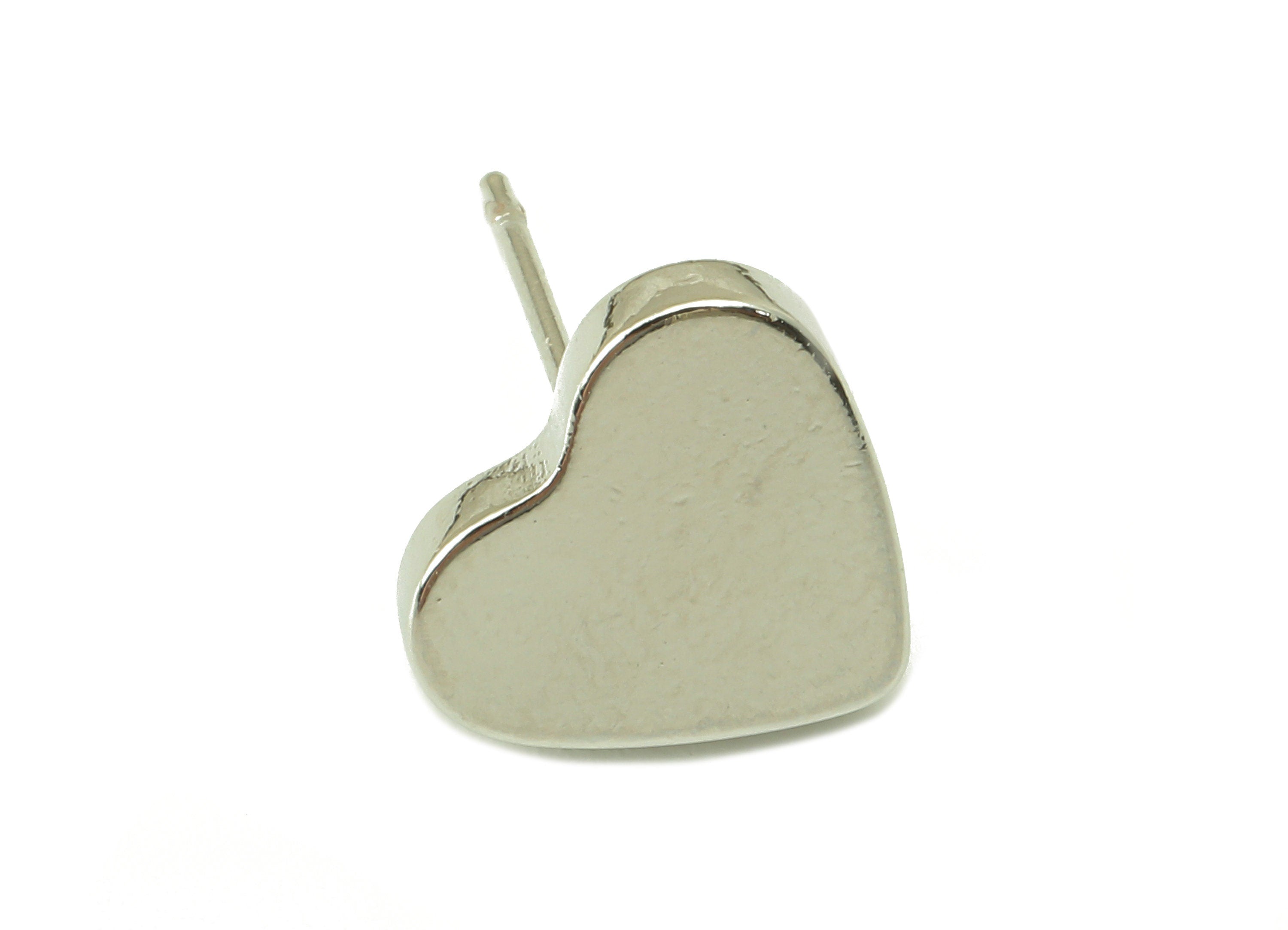 Silver Love Heart Stud - Smooth Silvery Cute Heart Post - Cubic Heart Stud Earring - 18K Real White Gold Plated - 10x 11.2 x 1.9mm- RGP5916S - DOMEDBAZAAR