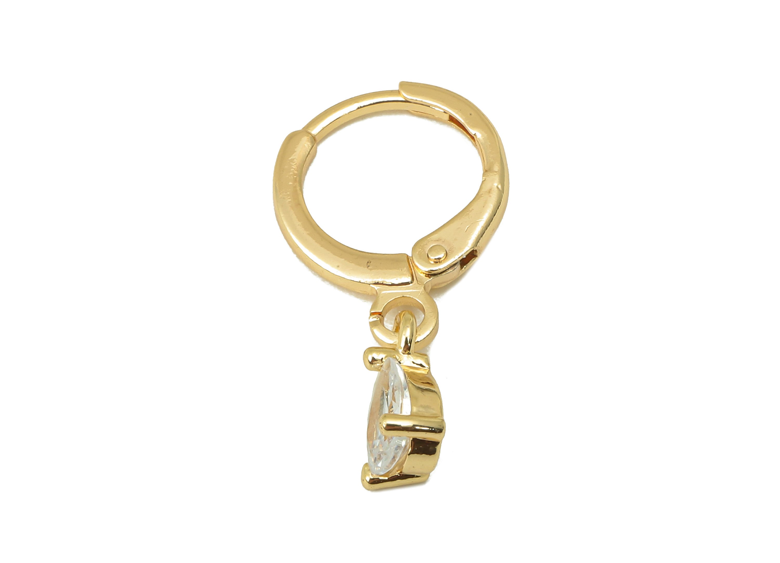 Brass Clasp Earring - Brass CZ Teardrop Lever back Earring Huggie - Cubic Zirconia Drop Hoop- 18K Real Gold Plating - 21.56x11x3mm - RGP6065 - DOMEDBAZAAR