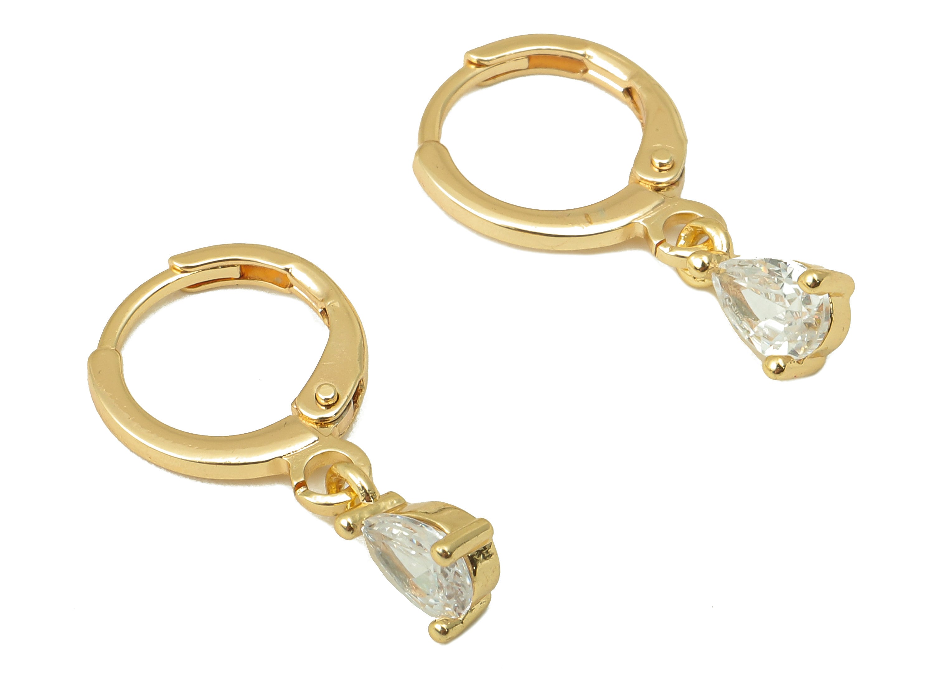 Brass Clasp Earring - Brass CZ Teardrop Lever back Earring Huggie - Cubic Zirconia Drop Hoop- 18K Real Gold Plating - 21.56x11x3mm - RGP6065 - DOMEDBAZAAR
