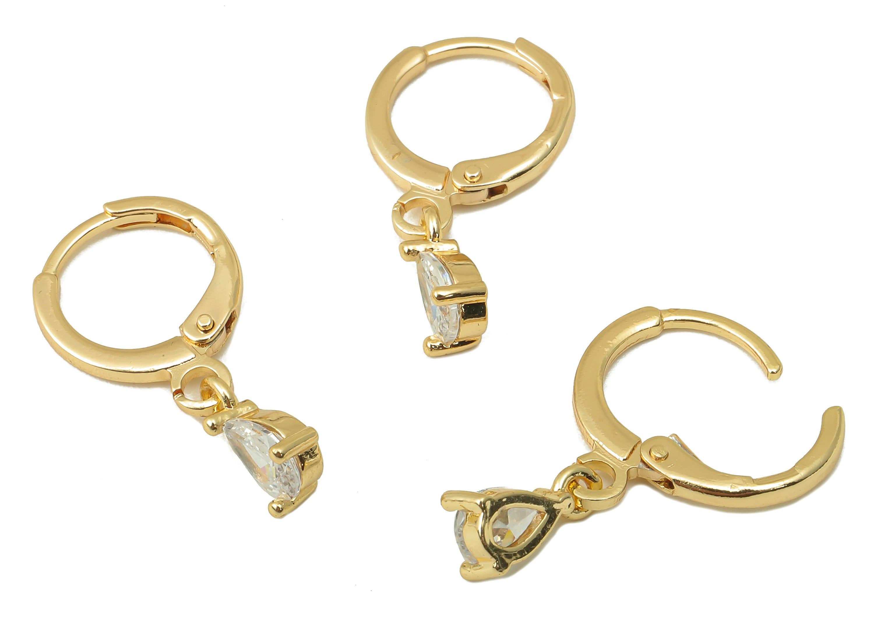 Brass Clasp Earring - Brass CZ Teardrop Lever back Earring Huggie - Cubic Zirconia Drop Hoop- 18K Real Gold Plating - 21.56x11x3mm - RGP6065 - DOMEDBAZAAR