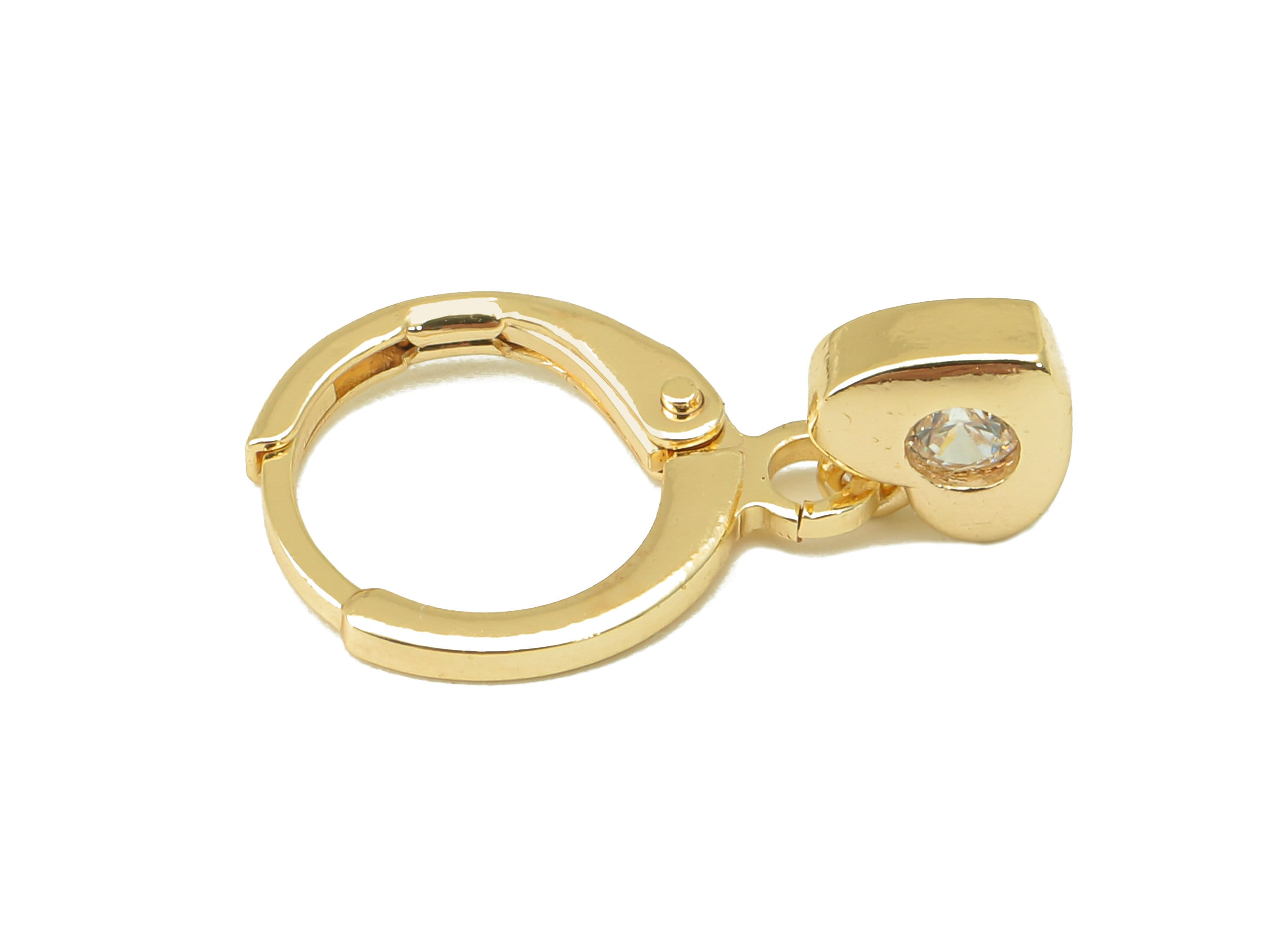 Brass Clasp Earring - Brass CZ Heart Lever back Earring Huggie - Cubic Zirconia Heart Hoop- 18K Real Gold Plating - 21x 11x 1.76mm - RGP6067 - DOMEDBAZAAR