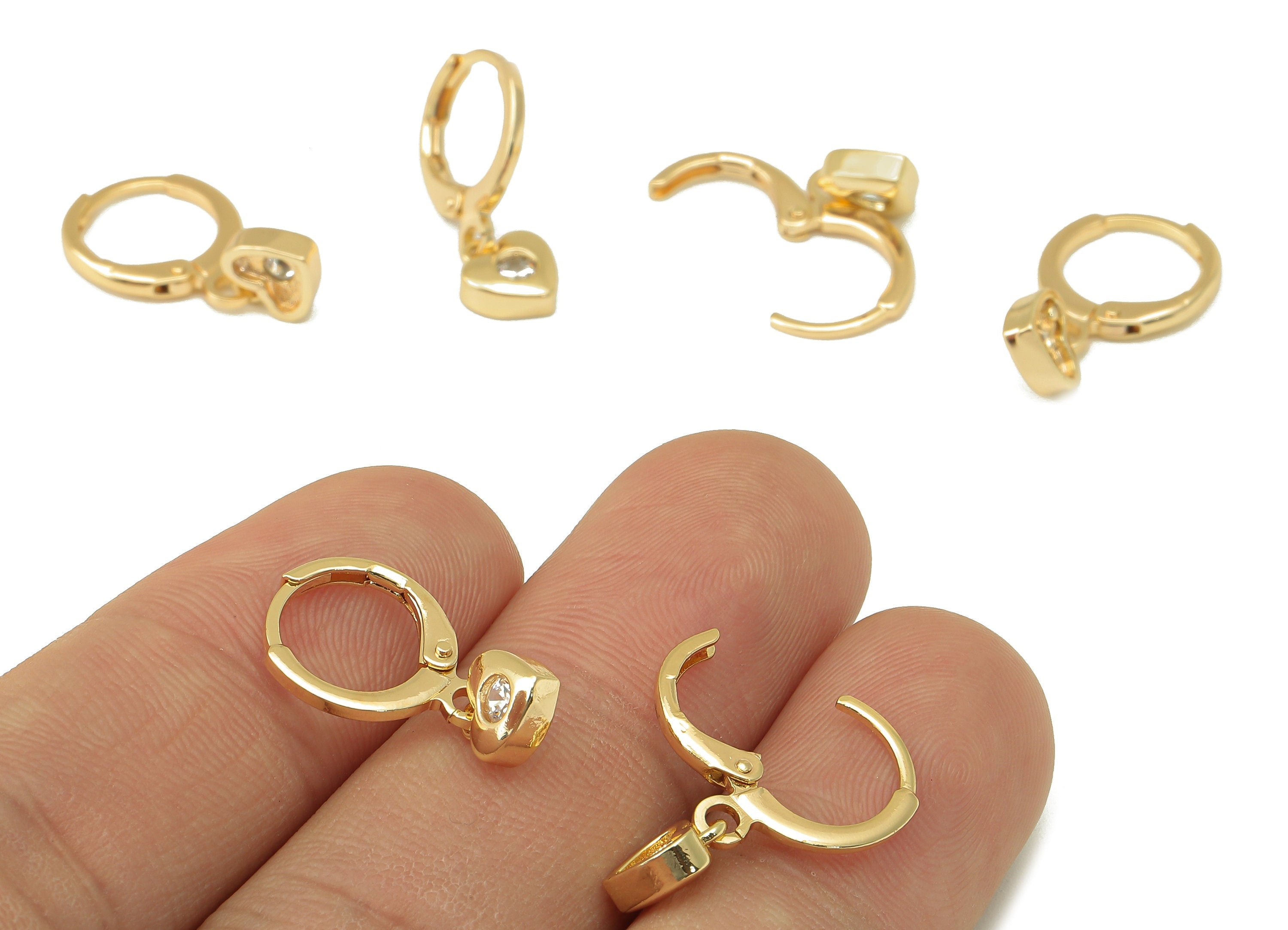 Brass Clasp Earring - Brass CZ Heart Lever back Earring Huggie - Cubic Zirconia Heart Hoop- 18K Real Gold Plating - 21x 11x 1.76mm - RGP6067 - DOMEDBAZAAR