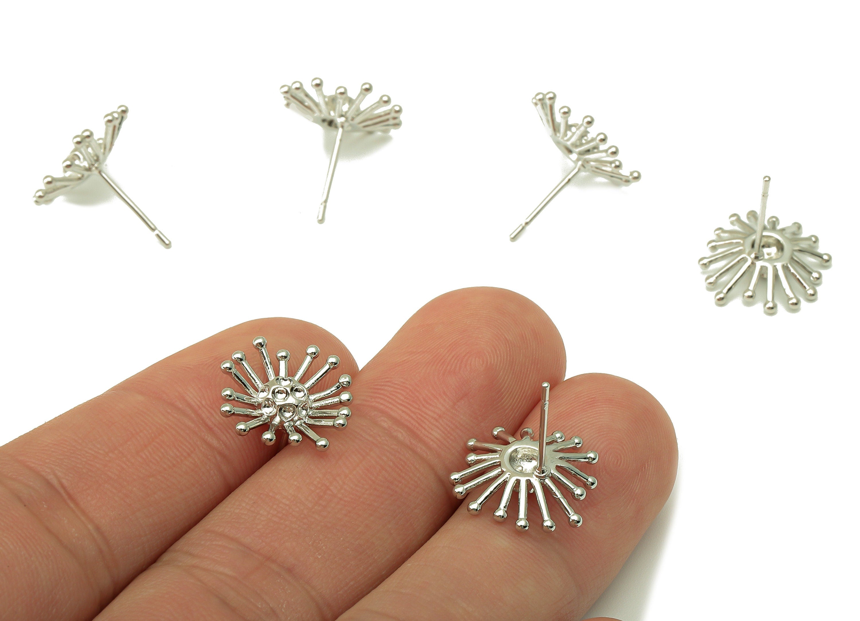 Silver Dandelion Stud - Blooming Flower Earring Post - Botanical Stud Earring - 18K Real White Gold Plated -15.2x14.7x1.9mm- RGP5917S - DOMEDBAZAAR
