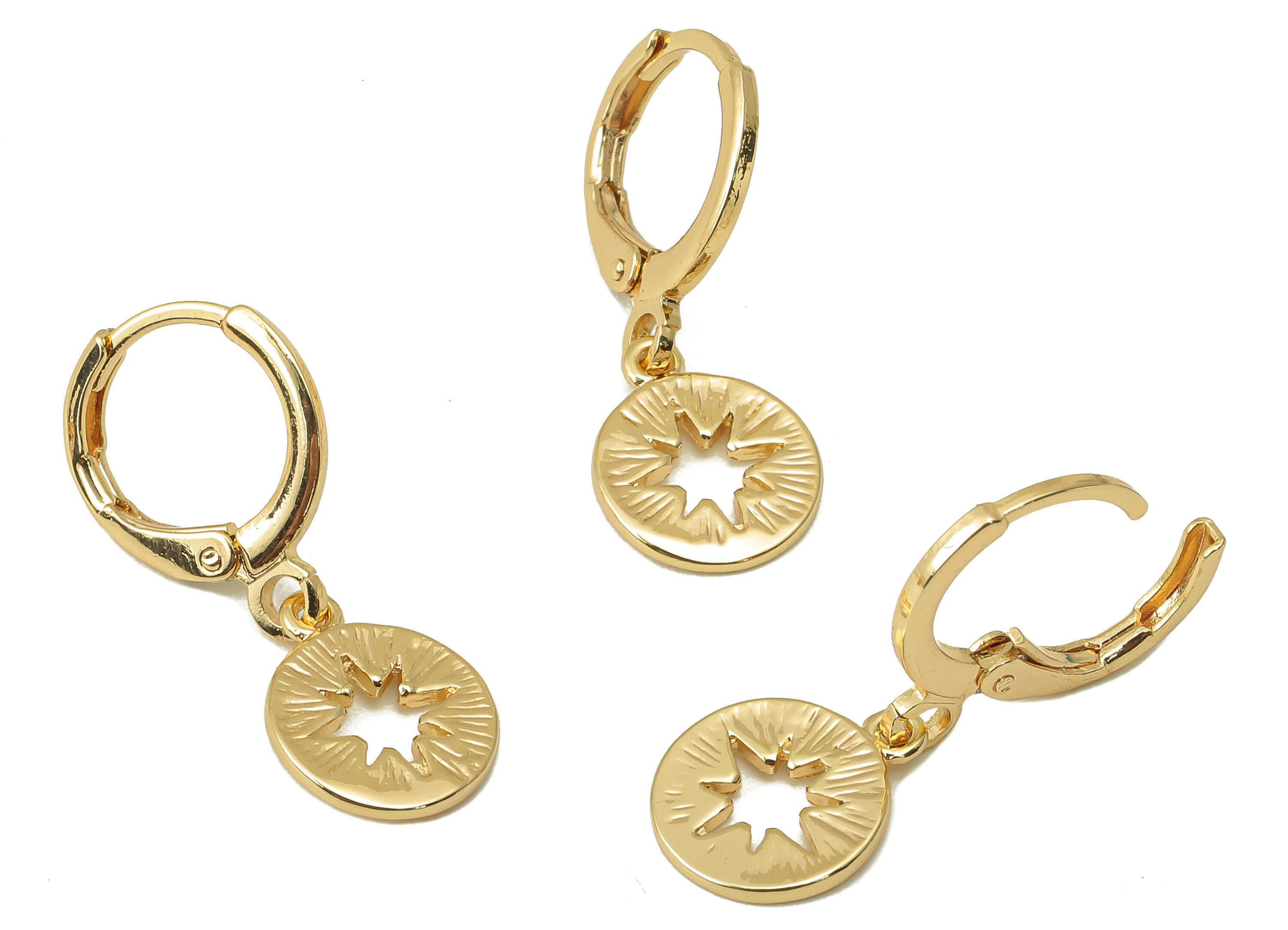 Brass Clasp Earring - North Star Lever back Earring Huggie - Hollow Star Hoop- 18K Real Gold Plating -25x11x1mm - RGP6070 - DOMEDBAZAAR