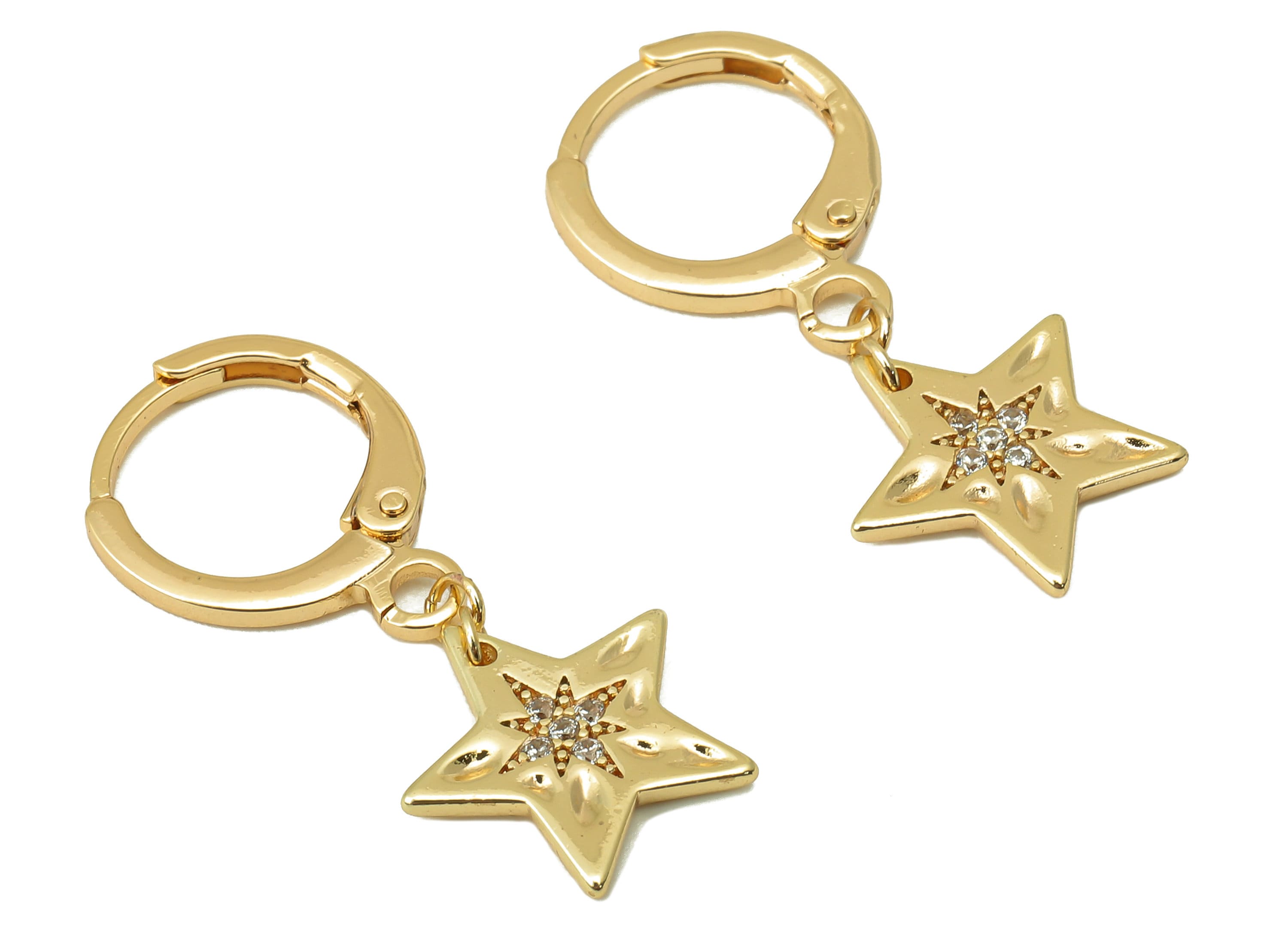 Brass Clasp Earring - CZ North Star Lever back Earring Huggie - Cubic Zirconia Star Hoop- 18K Real Gold Plating -27.36x 11x 1.27mm - RGP6071 - DOMEDBAZAAR