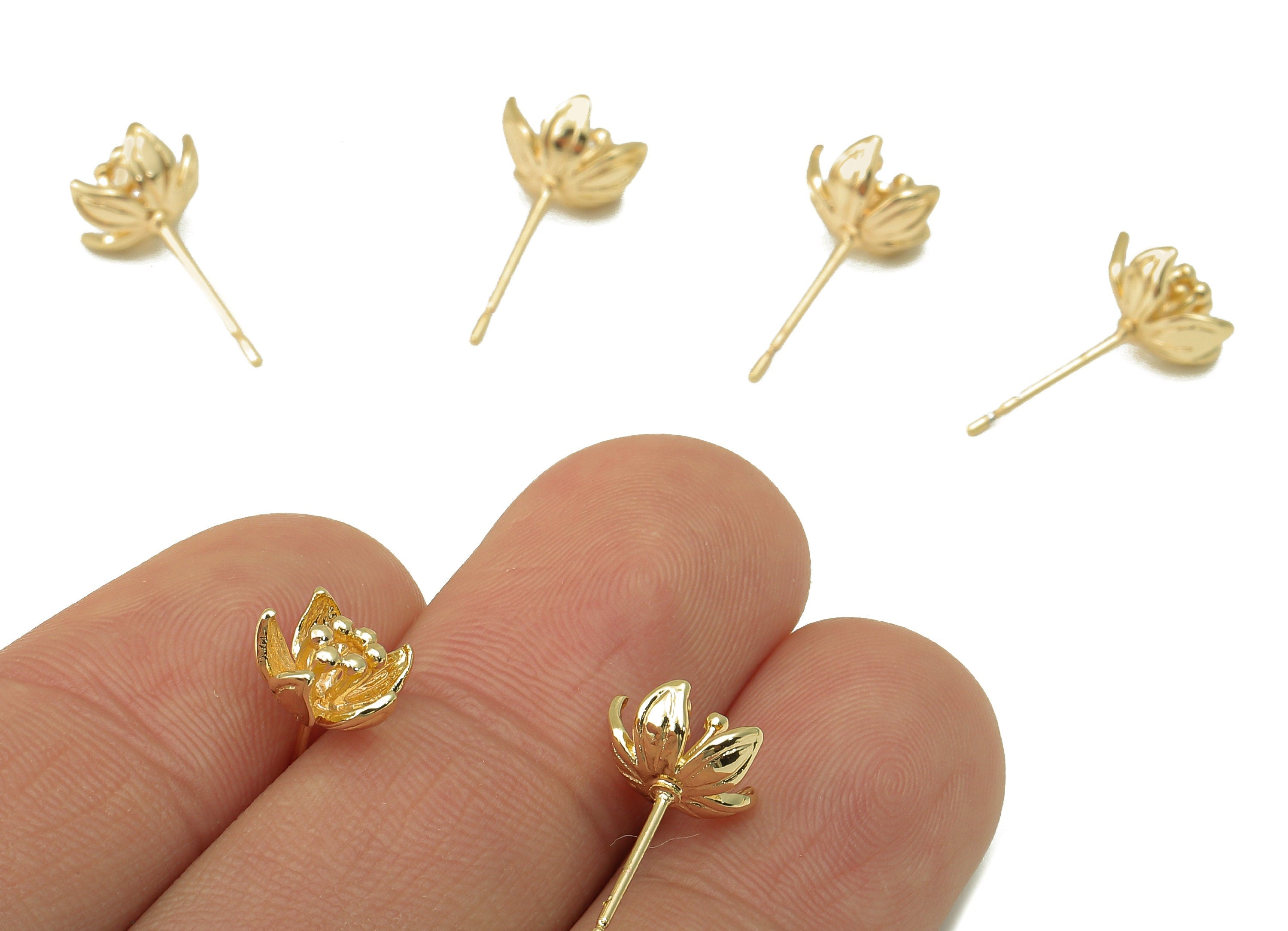 Brass Tulip Stud Earring - Waterlily Earring Post - Botanical Earring - 18K Real Gold Plated - 9x8.5x1.3mm RGP5919G - DOMEDBAZAAR