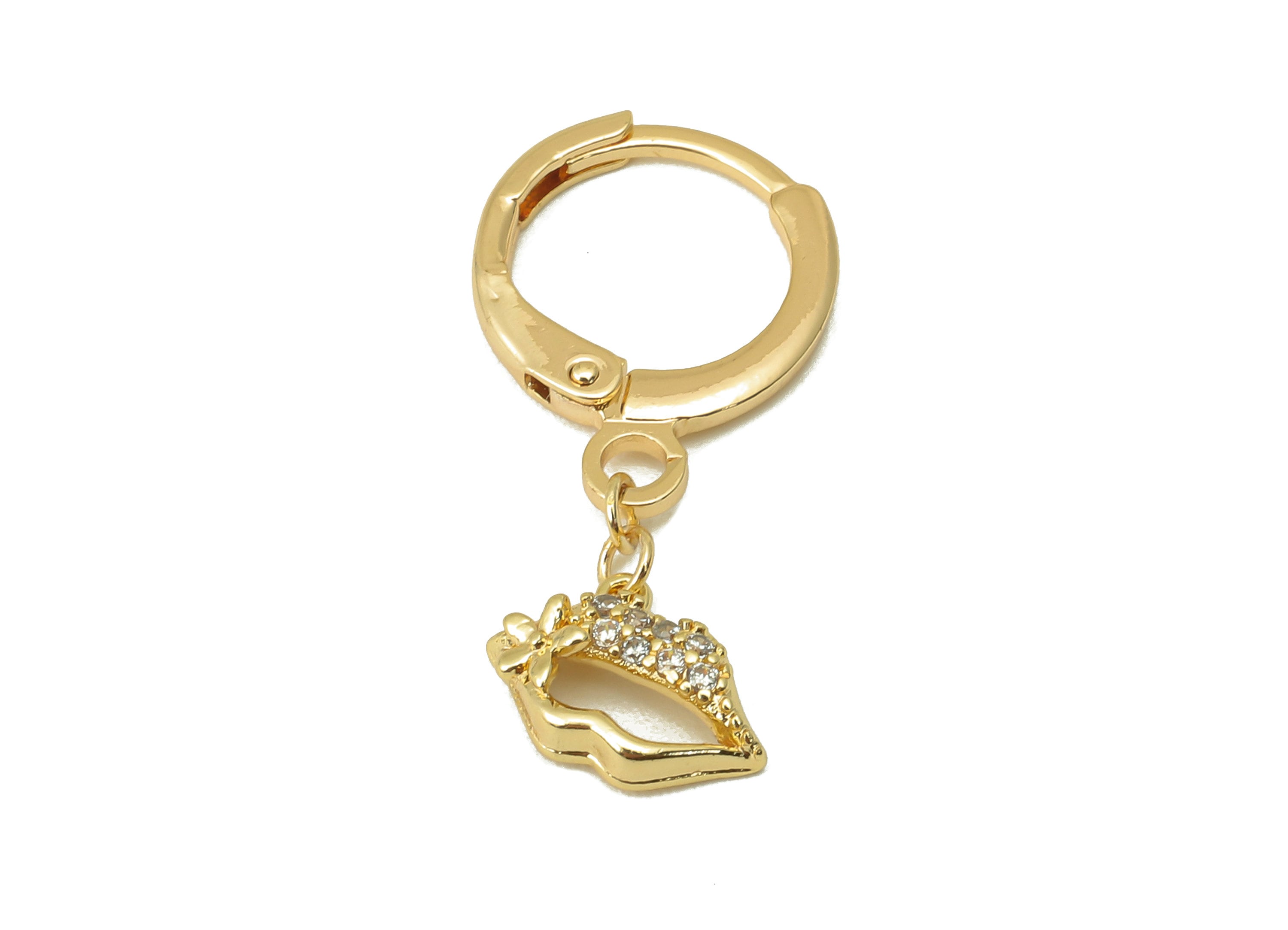 Brass Clasp Earring - CZ Lips Lever back Earring Huggie - Cubic Zirconia Mouth Flower Hoop- 18K Real Gold Plating -25x 11x 2.43mm - RGP6073 - DOMEDBAZAAR