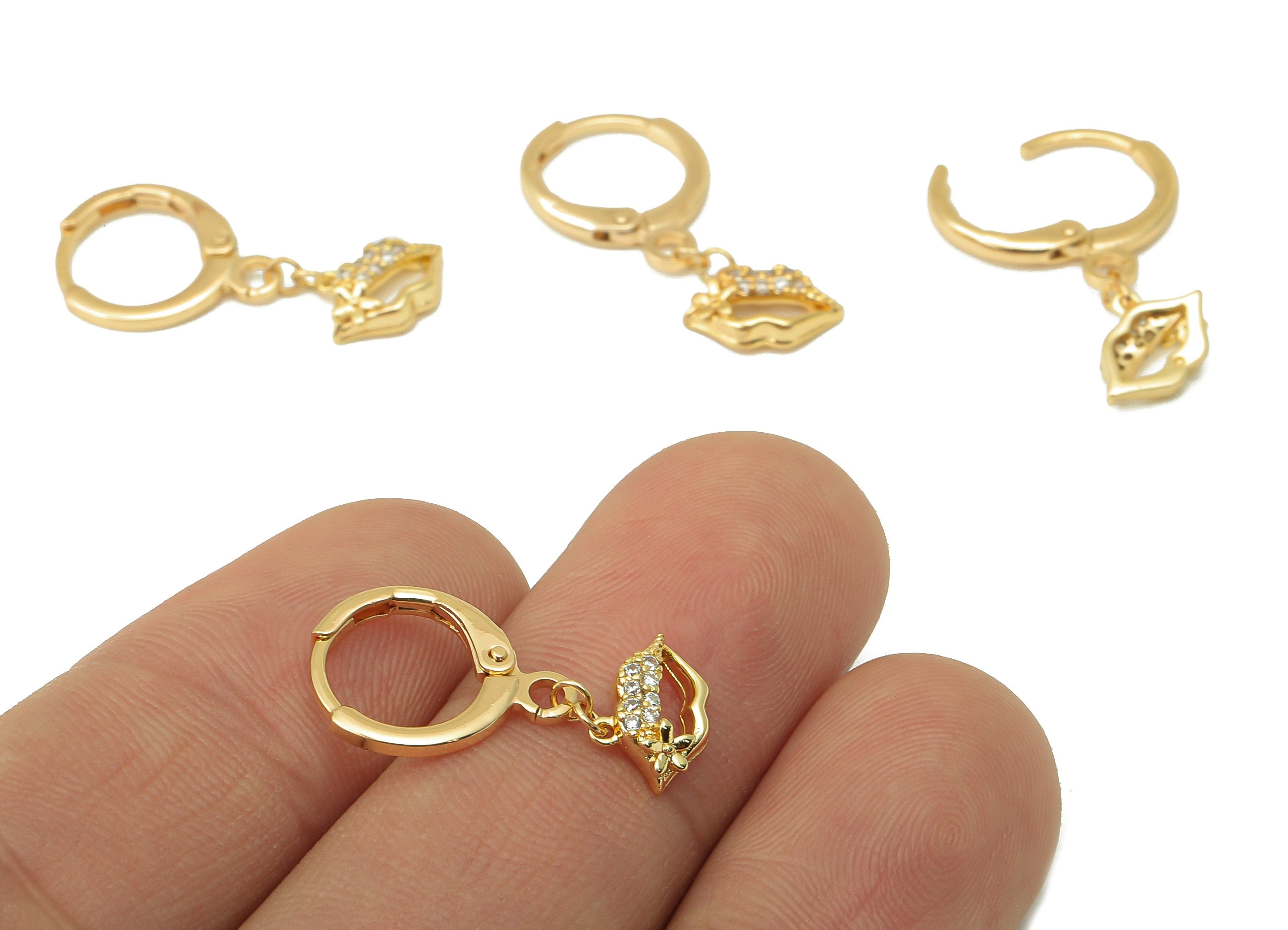 Brass Clasp Earring - CZ Lips Lever back Earring Huggie - Cubic Zirconia Mouth Flower Hoop- 18K Real Gold Plating -25x 11x 2.43mm - RGP6073 - DOMEDBAZAAR