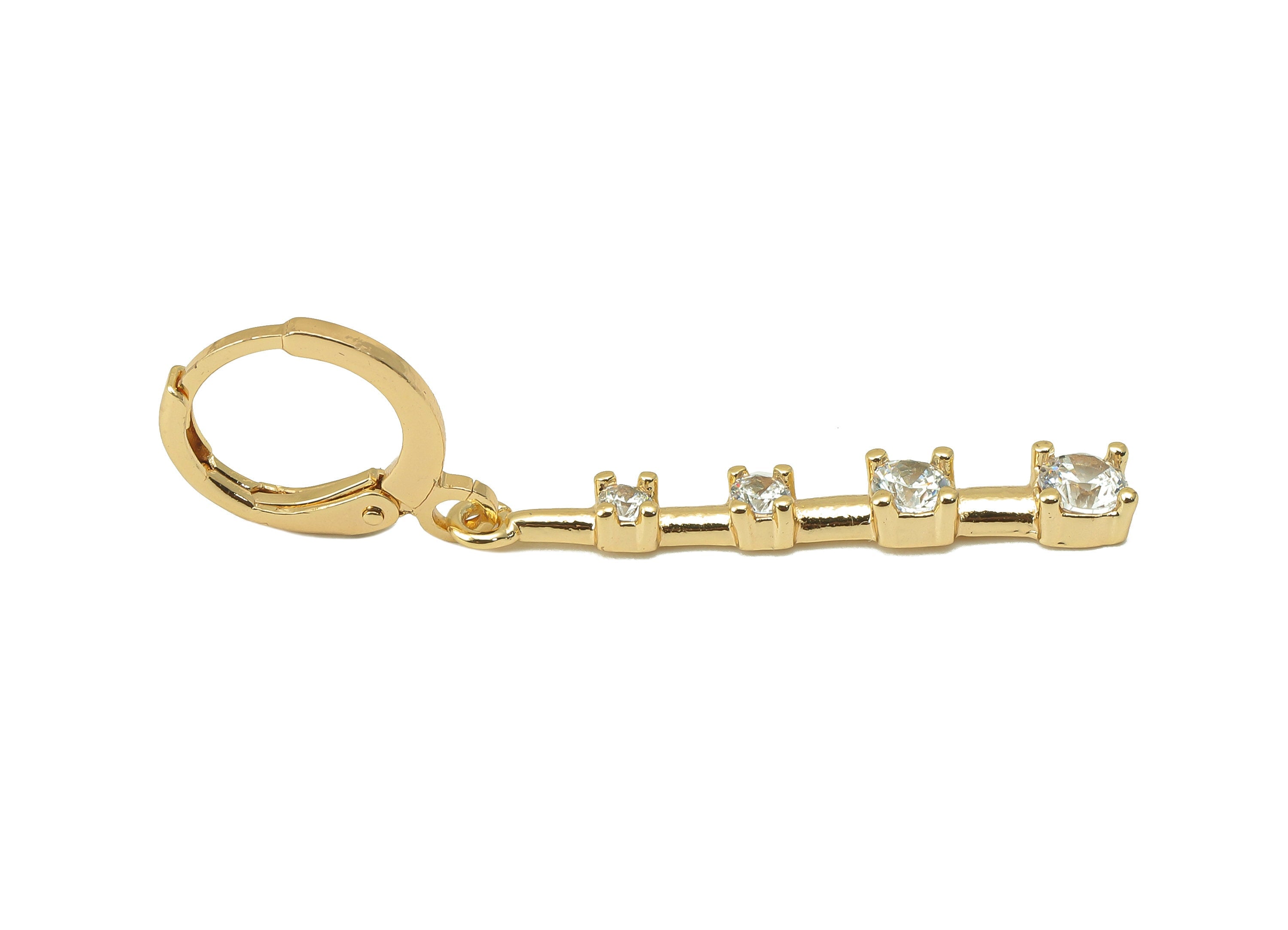 Brass Clasp Earring - CZ Solitaire Lever back Earring Huggie - Cubic Zirconia Rectangle Bar Hoop- 18K Real Gold Plating -41x11x3mm - RGP6074 - DOMEDBAZAAR