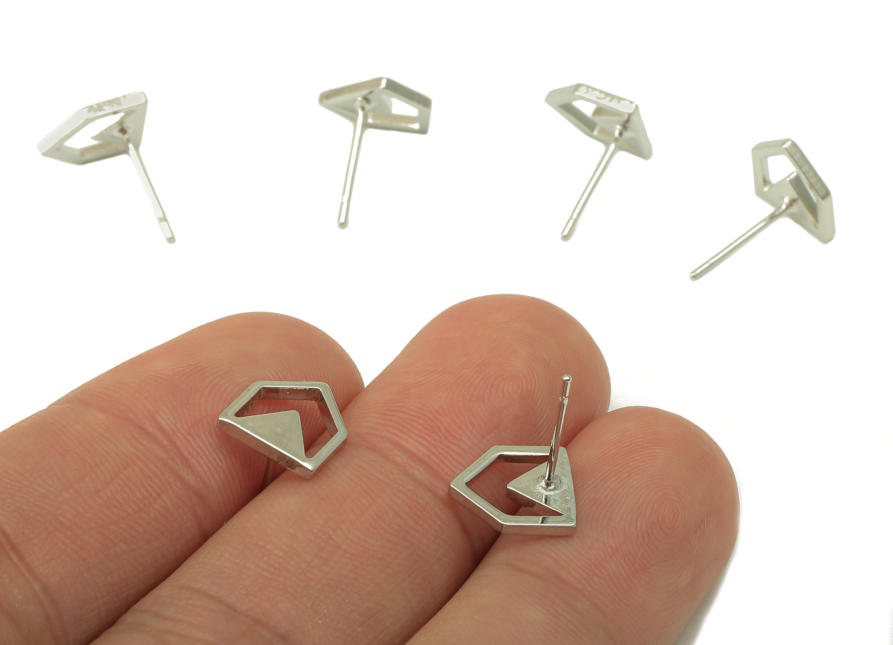 Silver Pentagon Stud Earring - Mini House Earring Post - Hollow Triangle Earring - 18K Real White Gold Plated - 10x9.2x1.3mm- RGP5920S - DOMEDBAZAAR