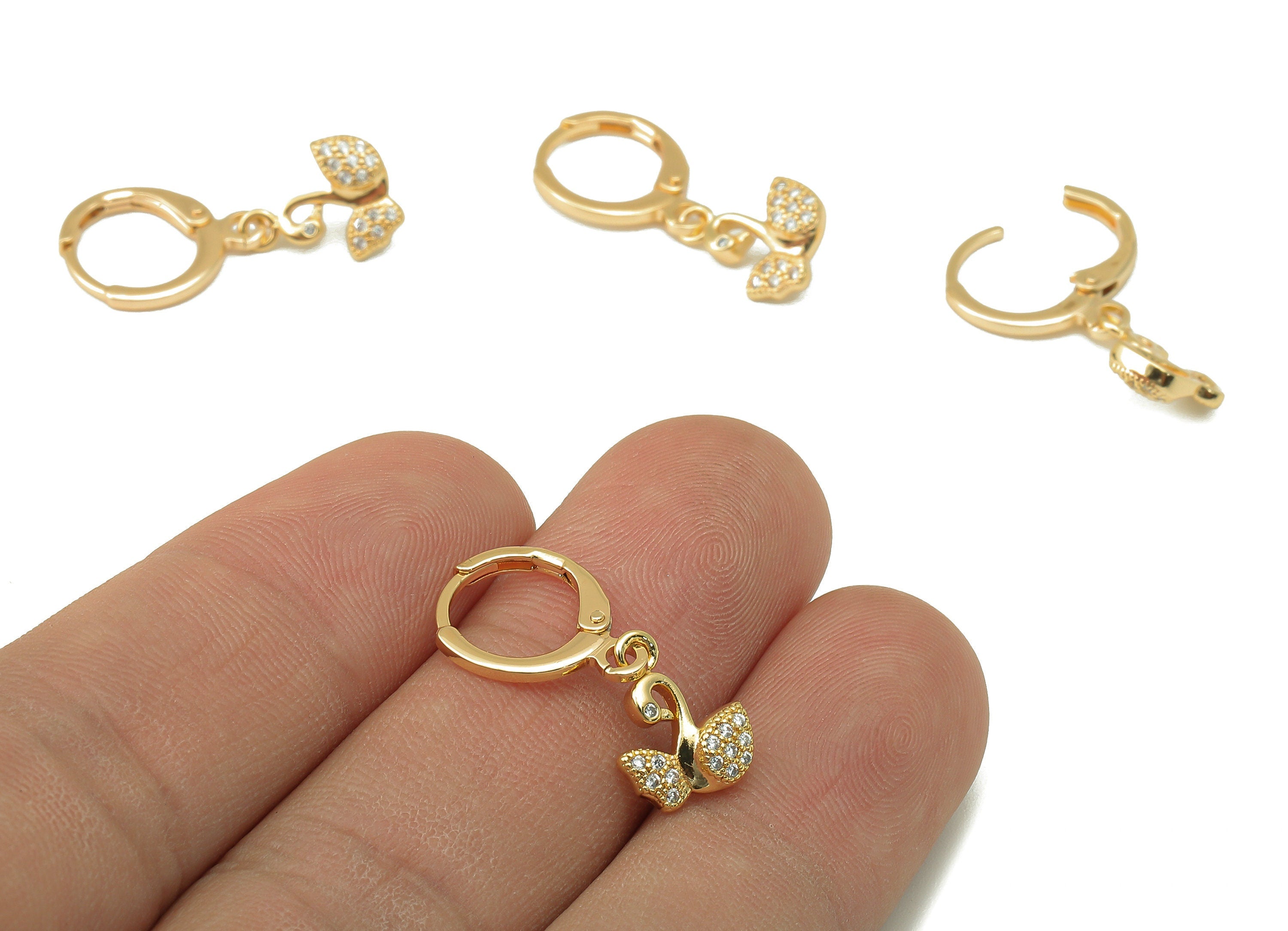 Brass Clasp Earring - Brass CZ Swan Lever back Earring Huggie - Cubic Zirconia White Swan Hoop- 18K Real Gold Plating -22x11.5x1mm - RGP6096 - DOMEDBAZAAR