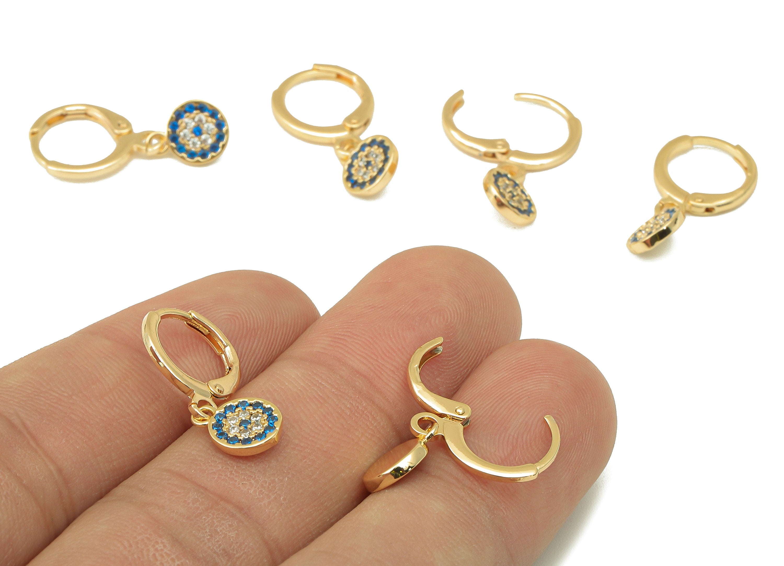 Brass Clasp Earring - Brass CZ Blue Round Lever back Earring Huggie - Cubic Zirconia Circle Hoop-18K Real Gold Plating-25x11x2.6mm - RGP6097 - DOMEDBAZAAR