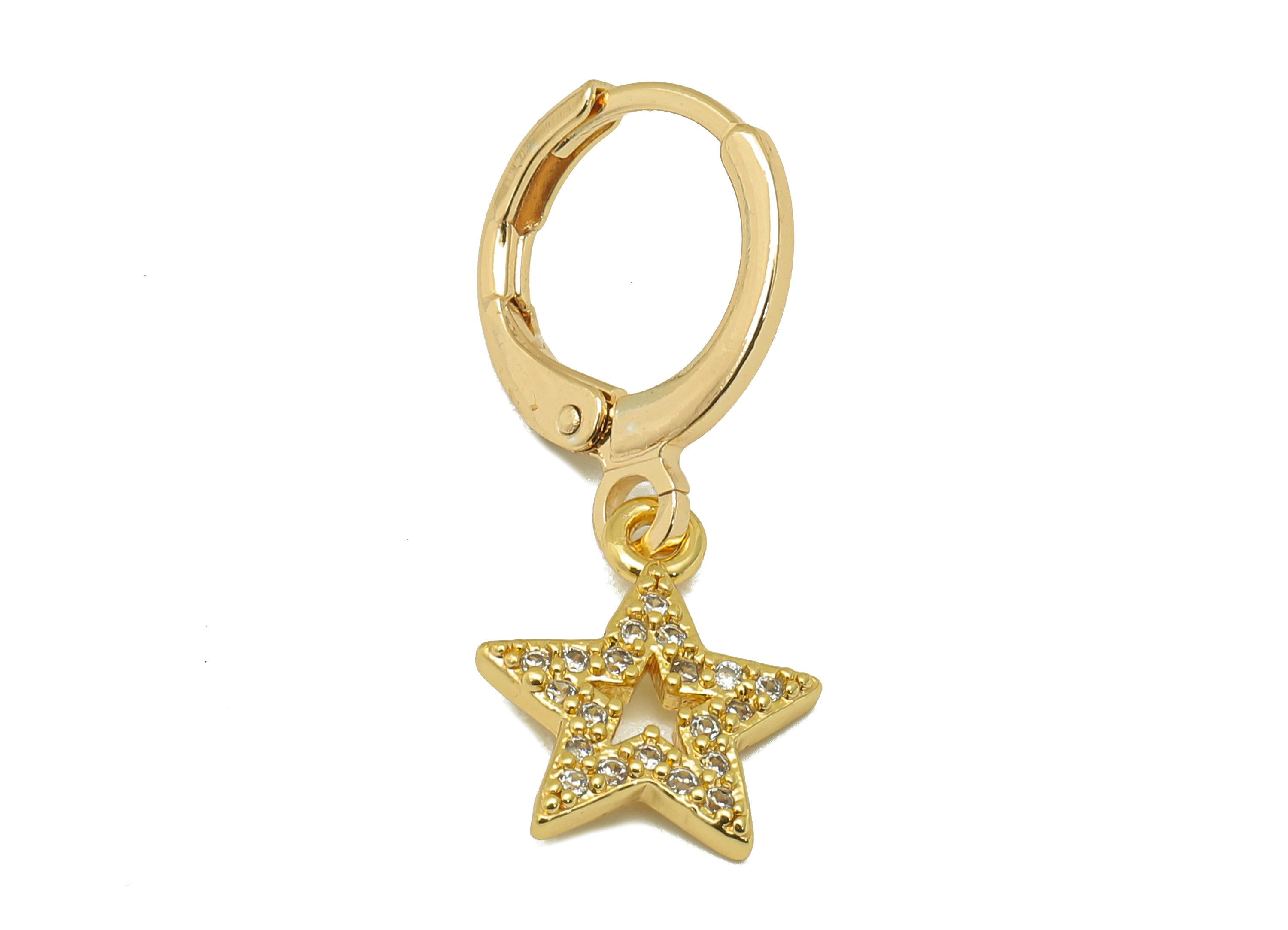 Brass Clasp Earring - Brass CZ Star Lever back Earring Huggie - Cubic Zirconia Star Hoop - 18K Real Gold Plating - 25x 11x 1.6mm - RGP6098 - DOMEDBAZAAR