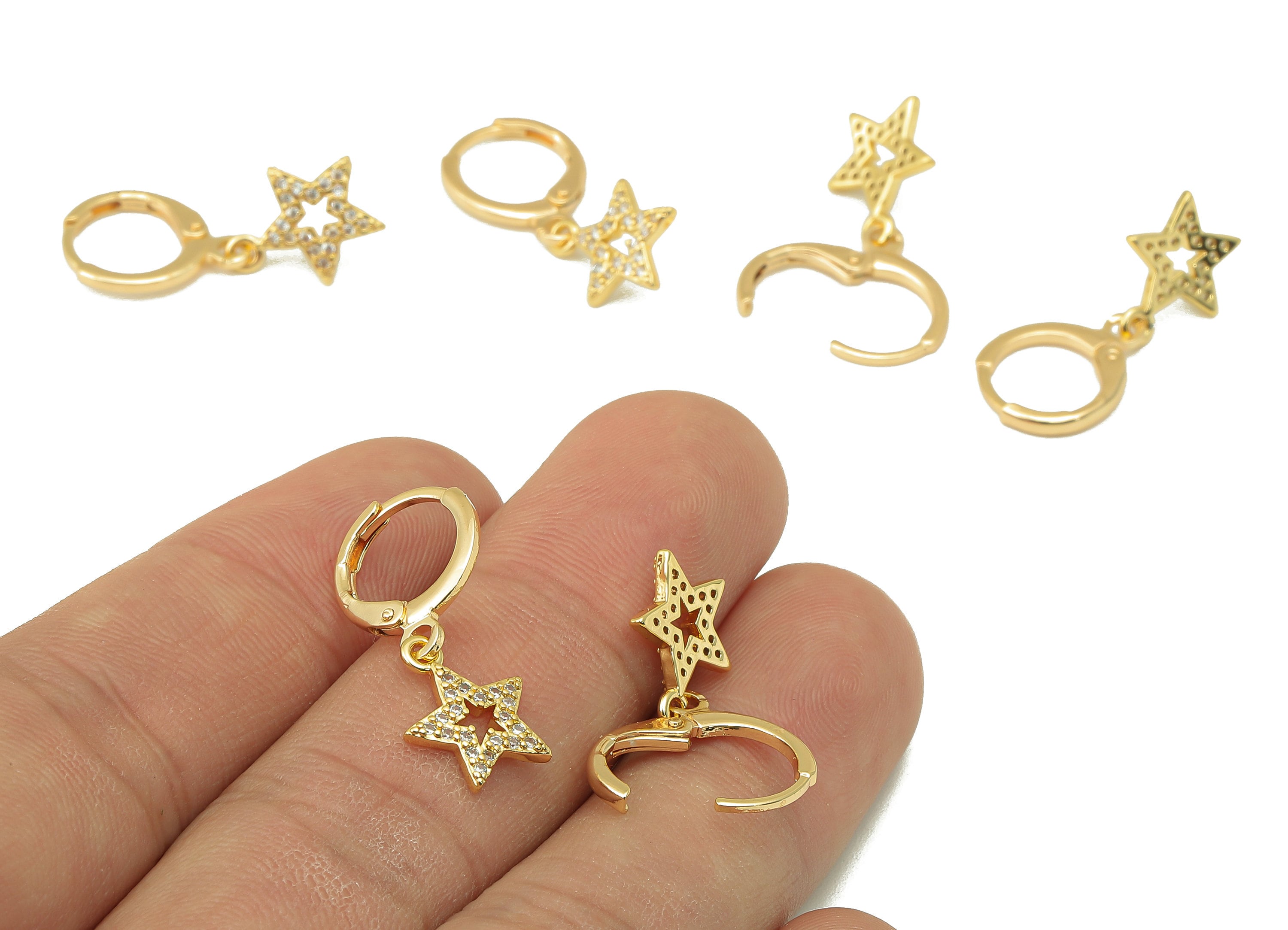 Brass Clasp Earring - Brass CZ Star Lever back Earring Huggie - Cubic Zirconia Star Hoop - 18K Real Gold Plating - 25x 11x 1.6mm - RGP6098 - DOMEDBAZAAR