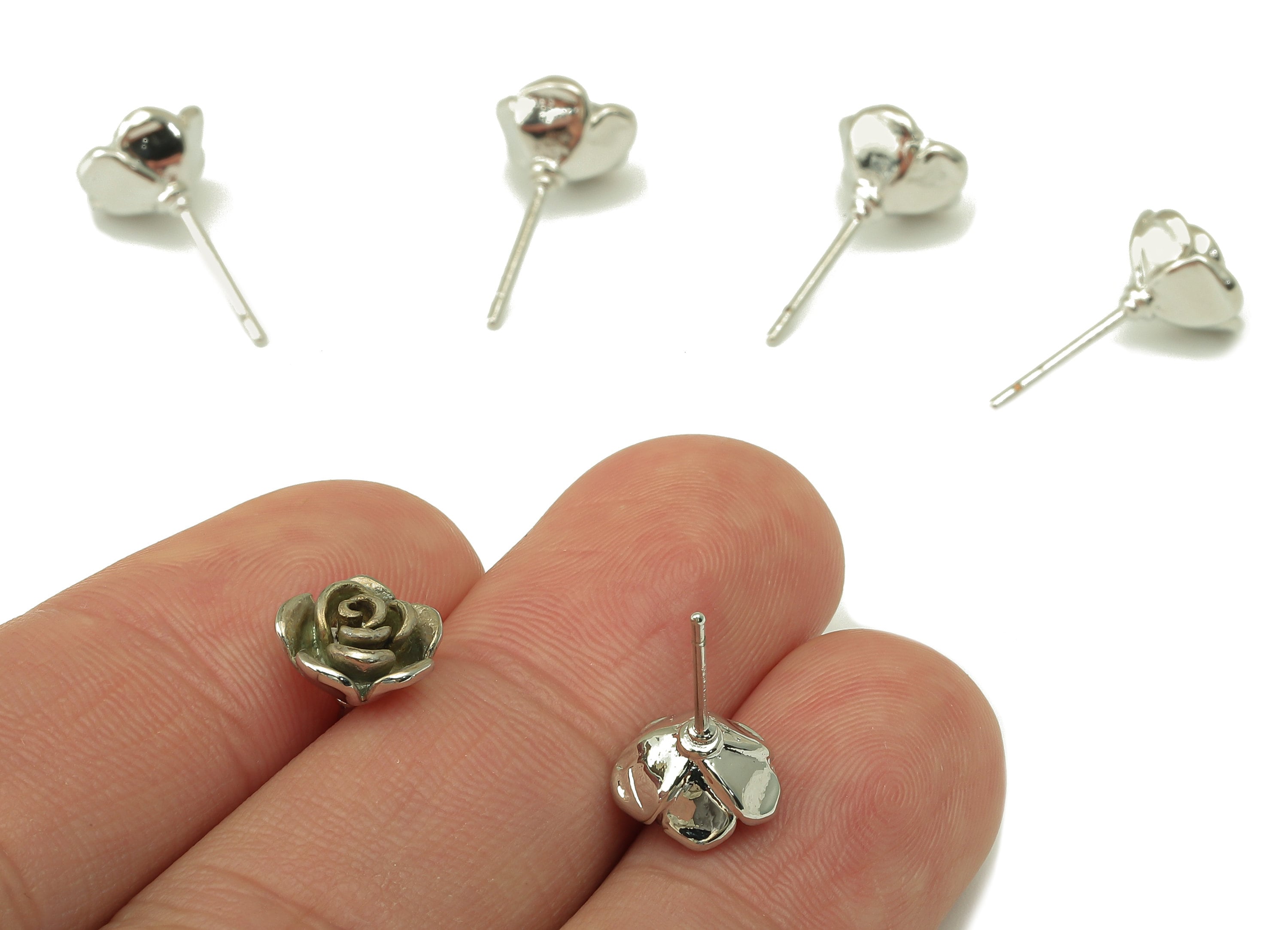 Silver Rose Stud - Petals Earring Post - Flower Stud Earring - Botanical Earrings- 18K Real White Gold Plated - 9.3x9x0.8mm RGP5922S - DOMEDBAZAAR