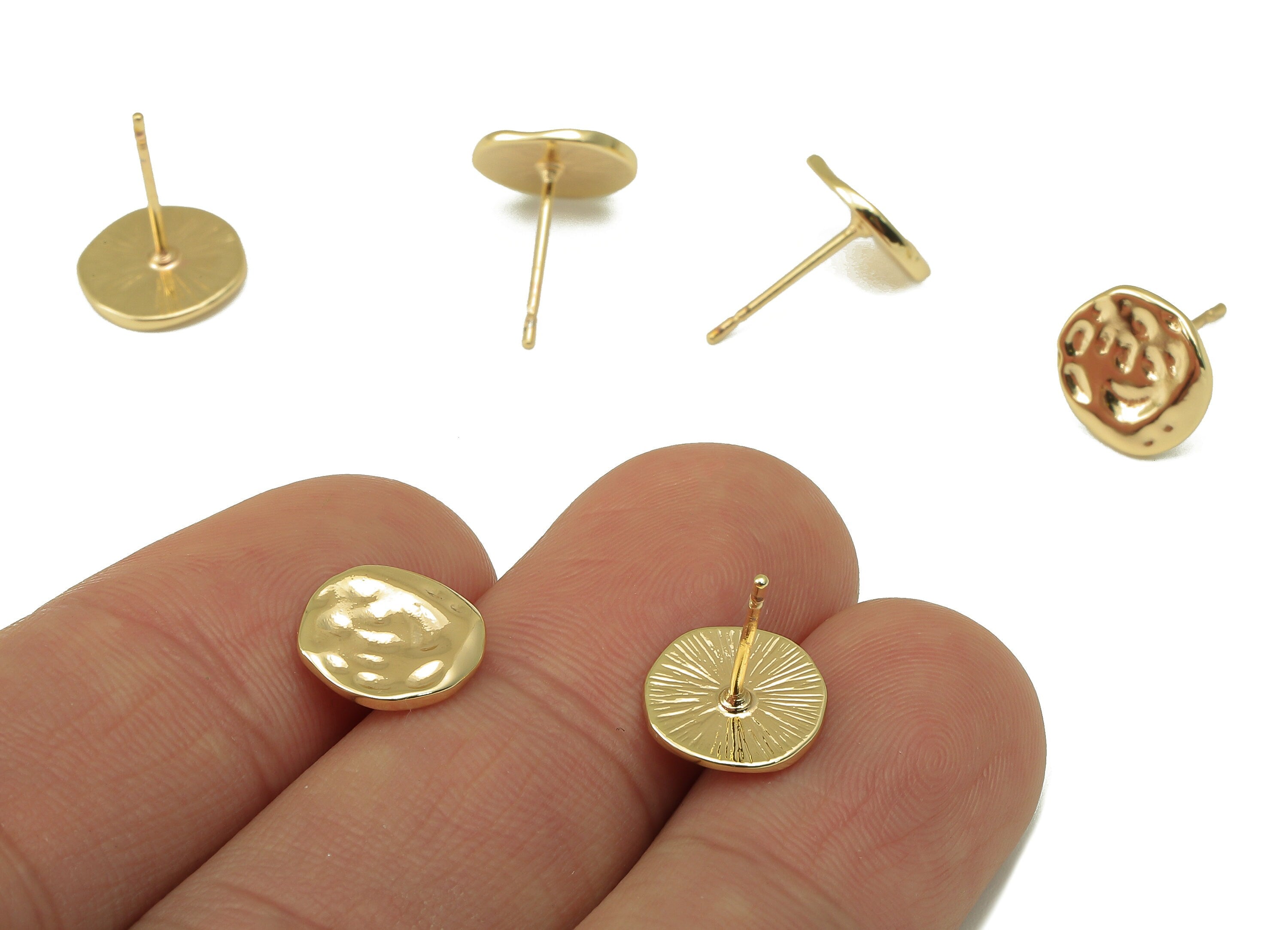 Brass Hammered Earring Stud - Textured Round Earring Post - Irregular Circle Stud Earrings- 18K Real Gold Plated - 10x10x1mm-RGP5923G - DOMEDBAZAAR