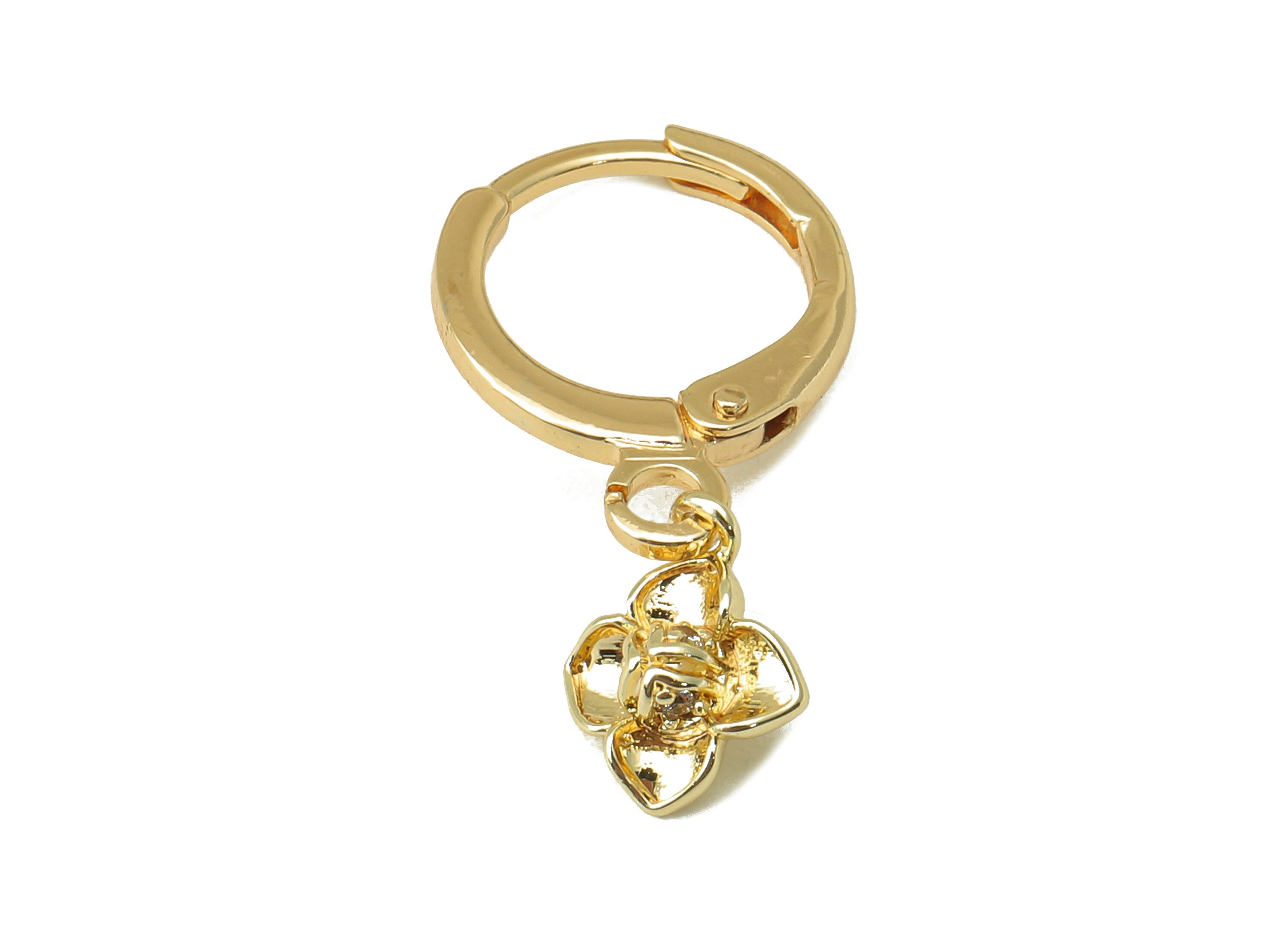Brass Clasp Earring - Brass Flower Lever back Earring Huggie - Cubic Flower Hoop - 18K Real Gold Plating -21x11x1.75mm - RGP6100 - DOMEDBAZAAR