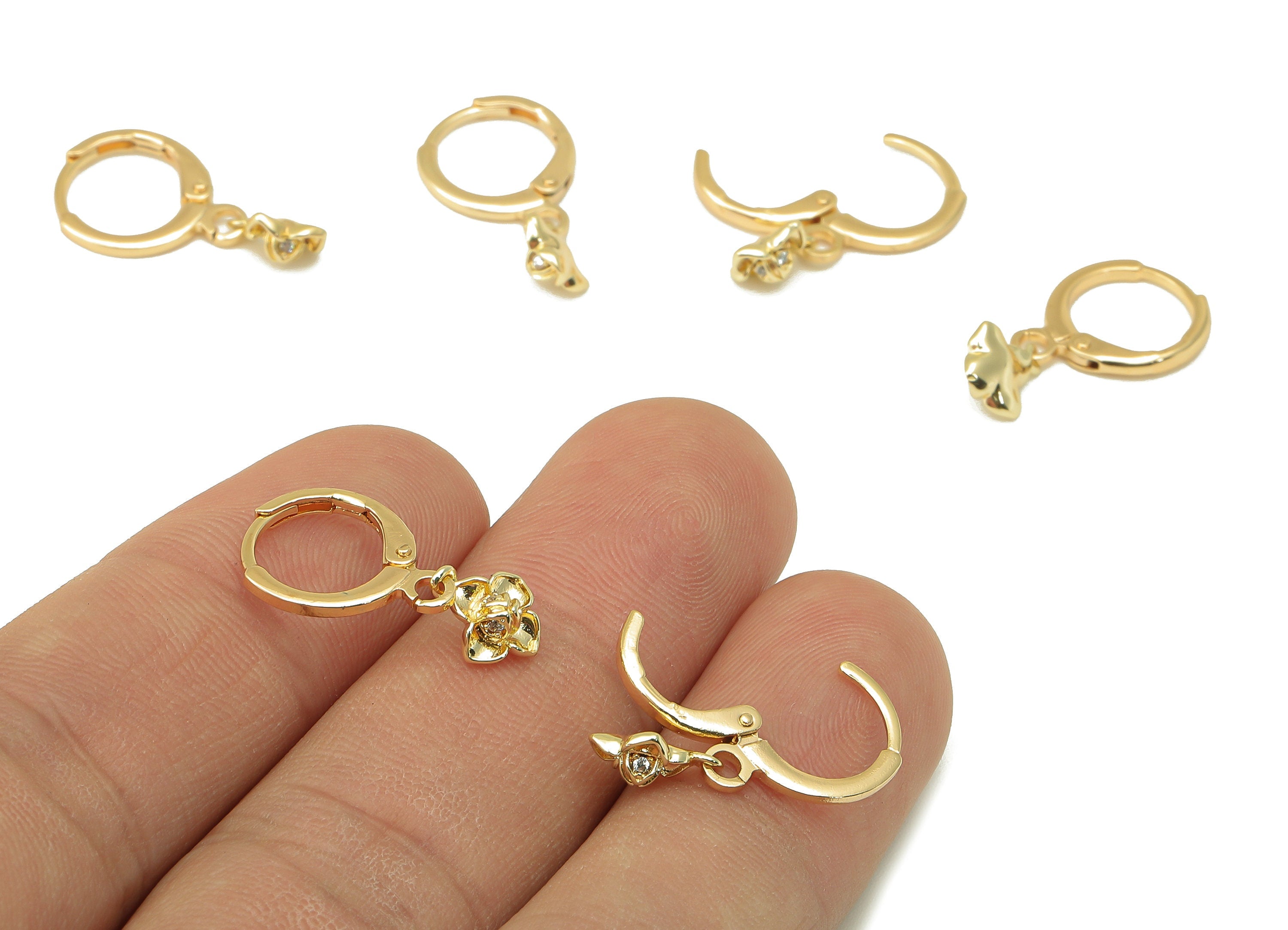 Brass Clasp Earring - Brass Flower Lever back Earring Huggie - Cubic Flower Hoop - 18K Real Gold Plating -21x11x1.75mm - RGP6100 - DOMEDBAZAAR