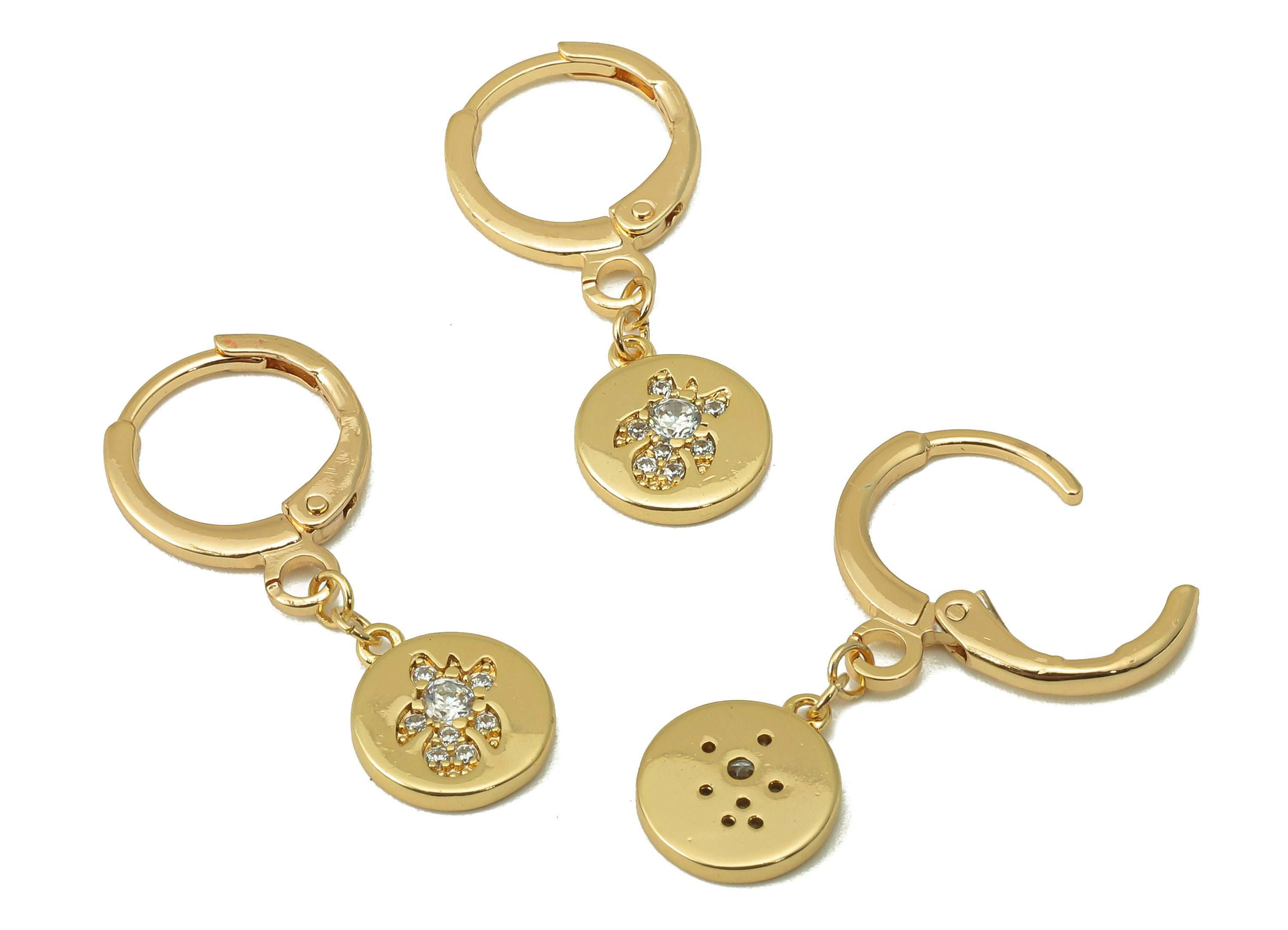 Brass Clasp Earring - Brass CZ Round Lever back Earring Huggie - Cubic Zirconia Turtle Hoop - 18K Real Gold Plating -27x11x1.65mm - RGP6101 - DOMEDBAZAAR