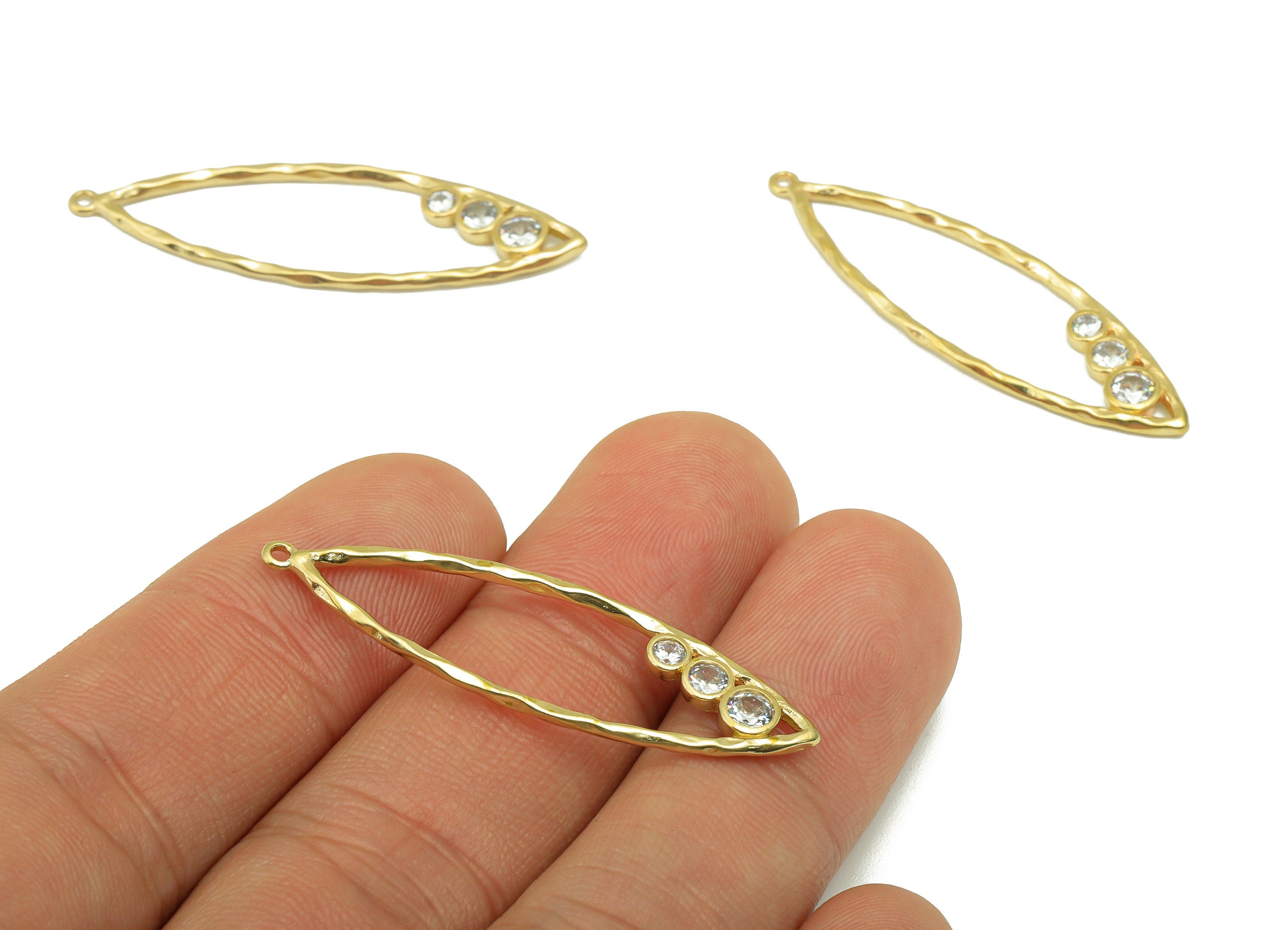 Brass Marquise Earring Charm-Raw Brass Hammered Pendant-Cubic Zircon- Earring Making-JewelrySupplies -41 x11 x1.72mm-PP8439 - DOMEDBAZAAR