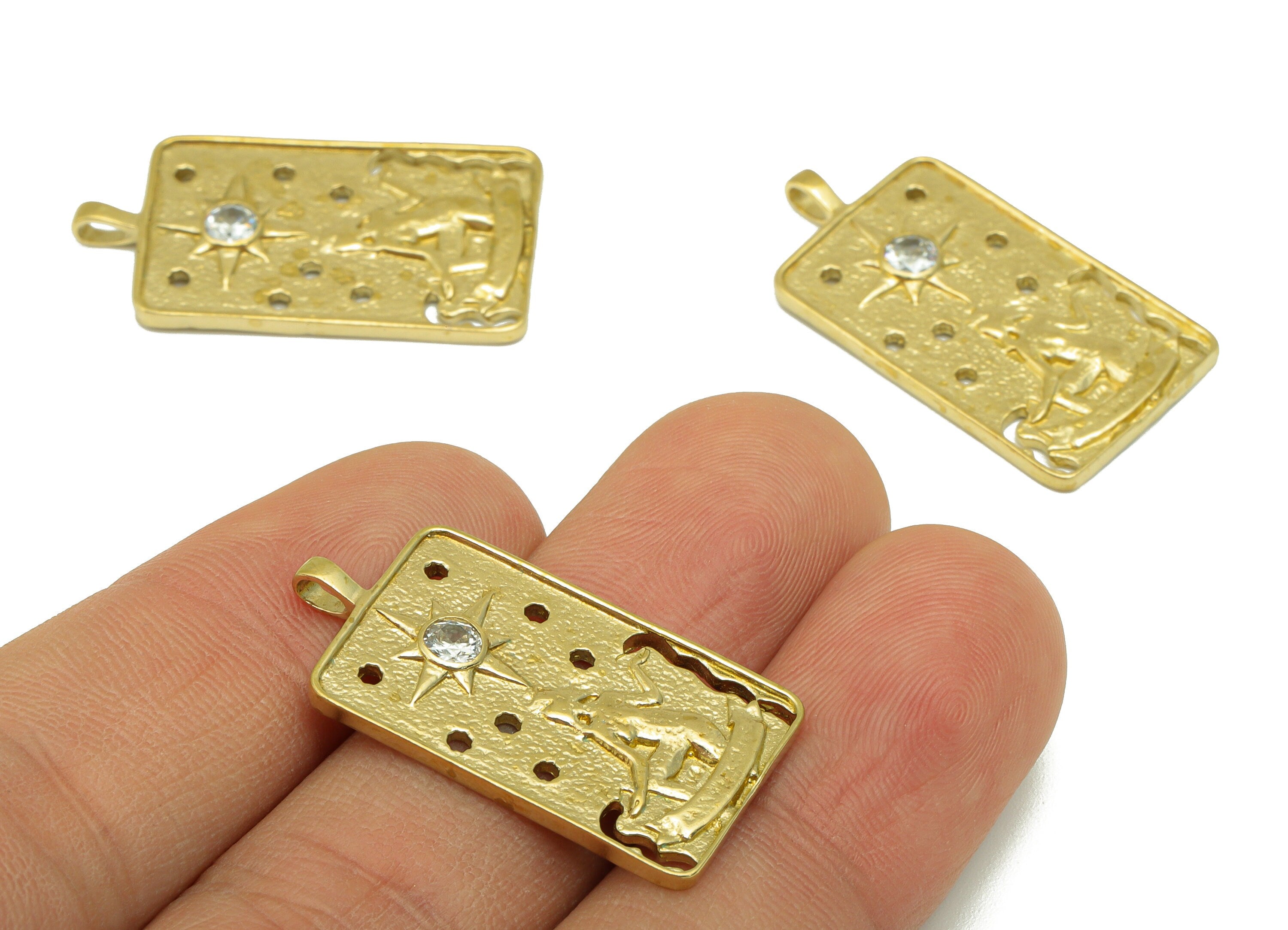 Brass Rectangle Earring Charm - Raw Brass Textured Woman Pendant-Cubic Zircon -Star Charm -For Necklace -30 x16 x2.44mm-PP8399 - DOMEDBAZAAR