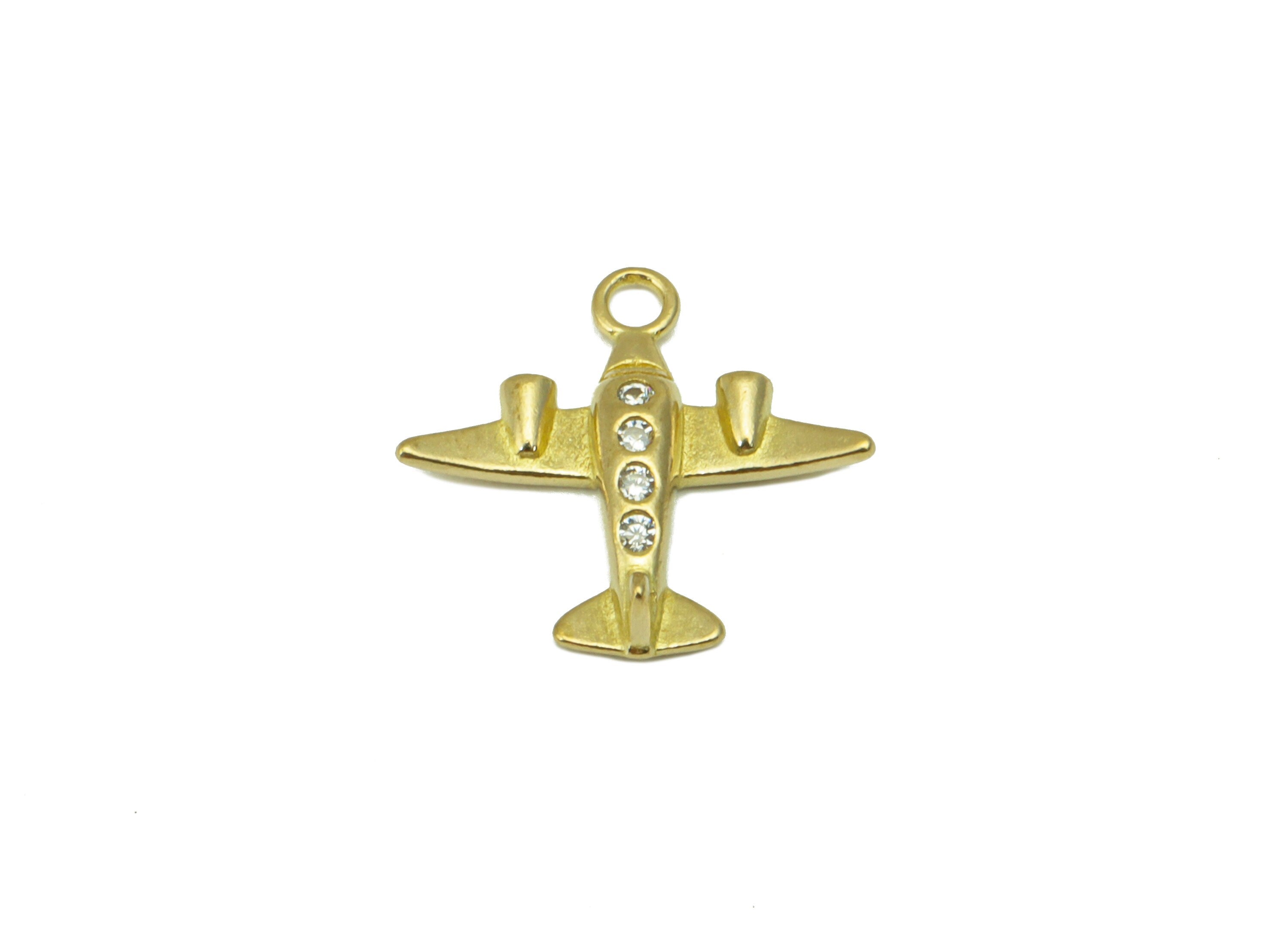 Brass Aircraft Earring Charm -Raw Brass Aircraft Pendant - Cubic Zirconia Plane Charm -For Necklace-12 x14 x 2.24mm-PP8411 - DOMEDBAZAAR