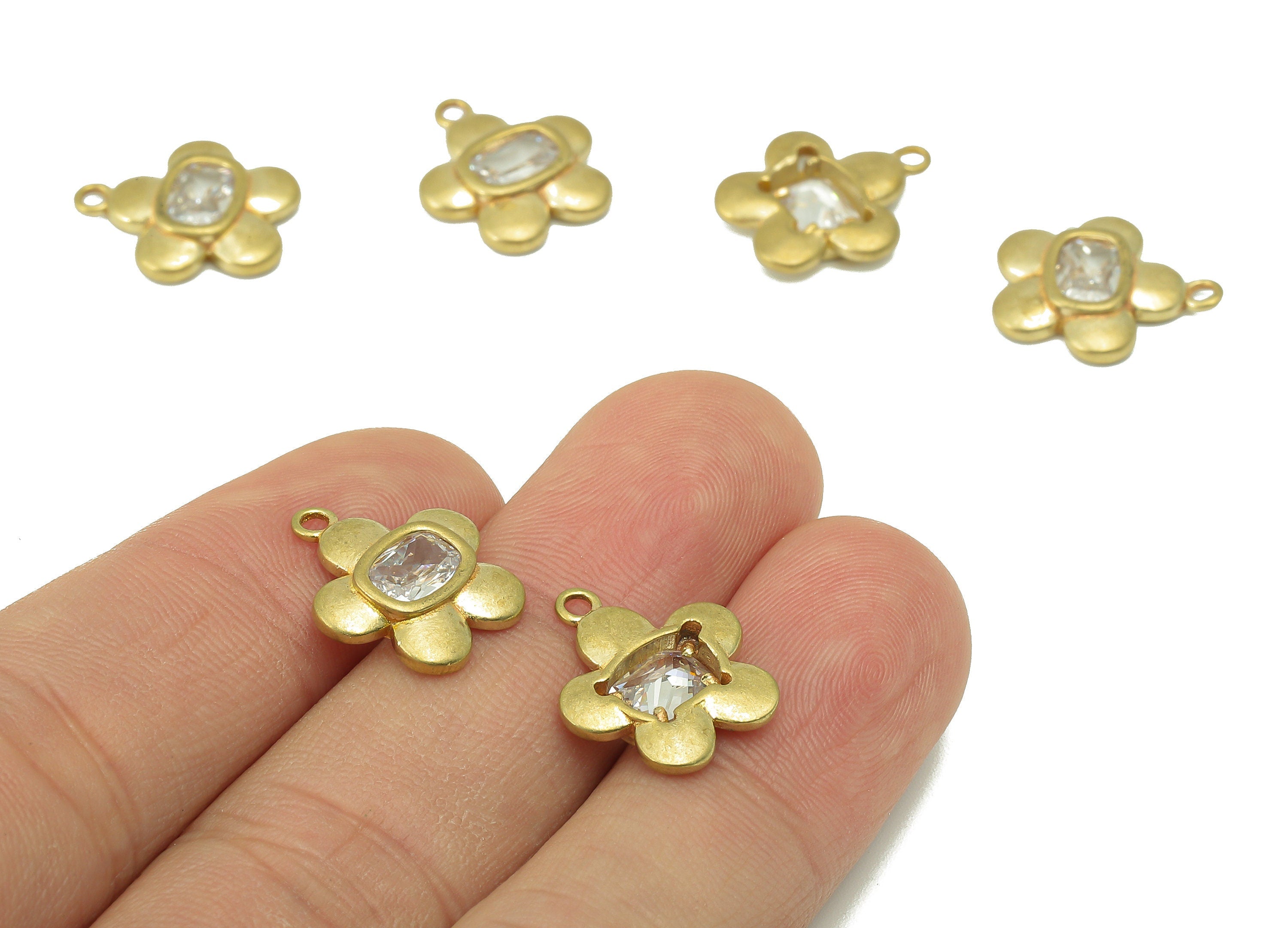 Brass Flower Earring Charms - Raw Brass Petal Shaped Pendant-Cubic Zircon-Botanical Charm-For Jewelry Making-16x 14x 3.06mm-PP8260 - DOMEDBAZAAR