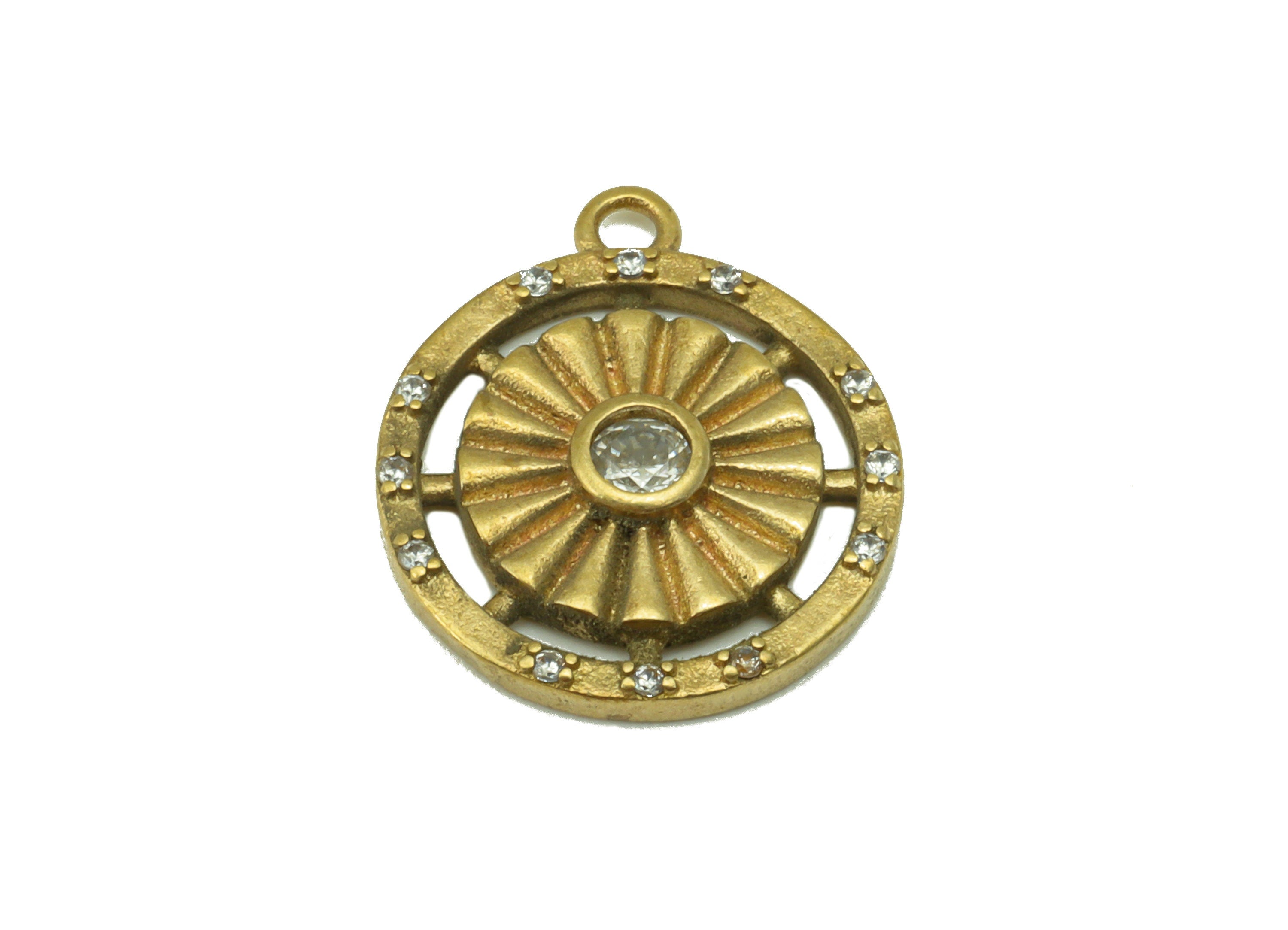 Brass Round Charm - Brass Cubic Zirconia Charm - Lace Dot Earring Charm - For Necklace - CZ Charm -17.37 x 14.88 x 2.63mm- PP8499 - DOMEDBAZAAR