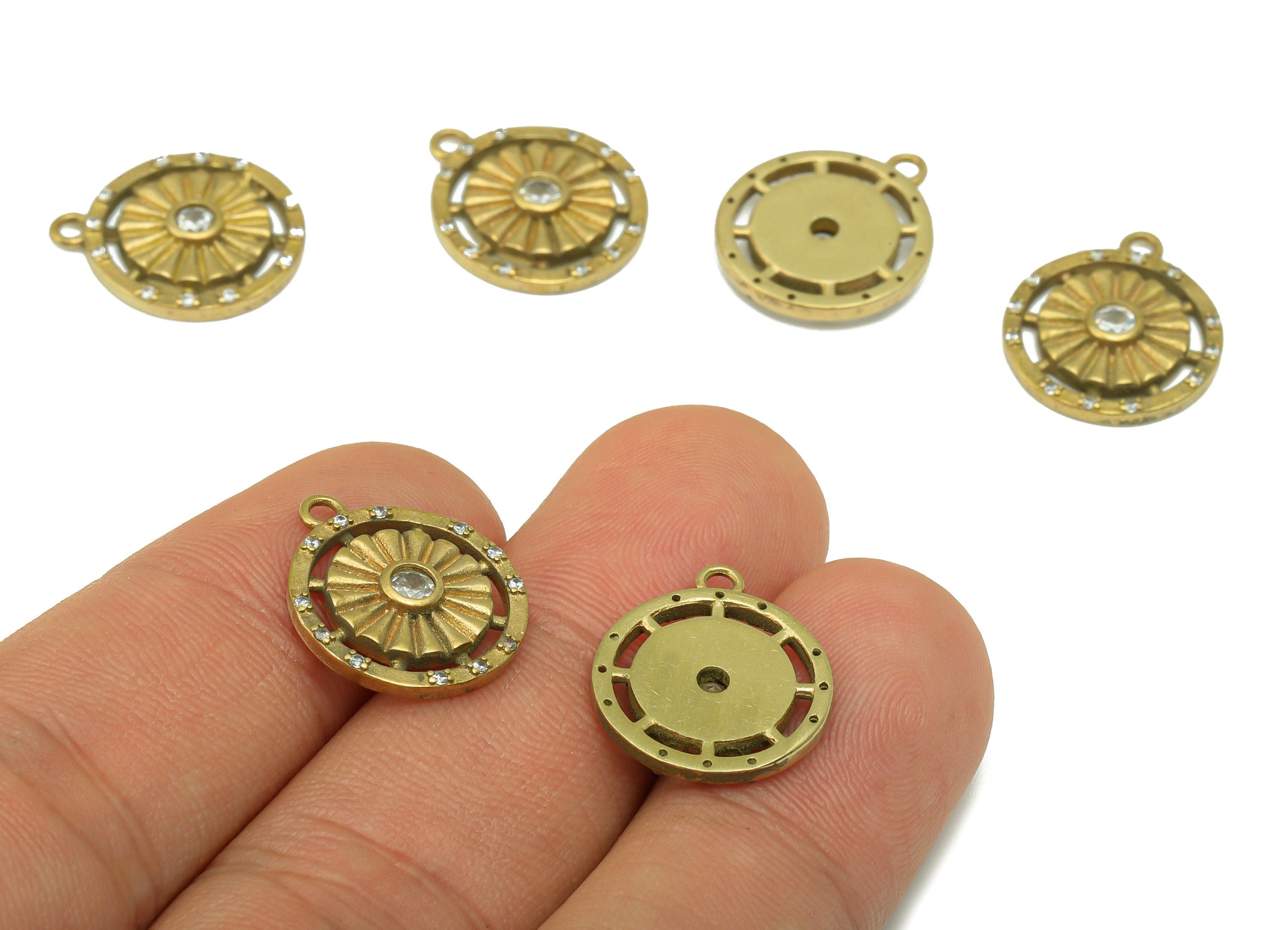 Brass Round Charm - Brass Cubic Zirconia Charm - Lace Dot Earring Charm - For Necklace - CZ Charm -17.37 x 14.88 x 2.63mm- PP8499 - DOMEDBAZAAR