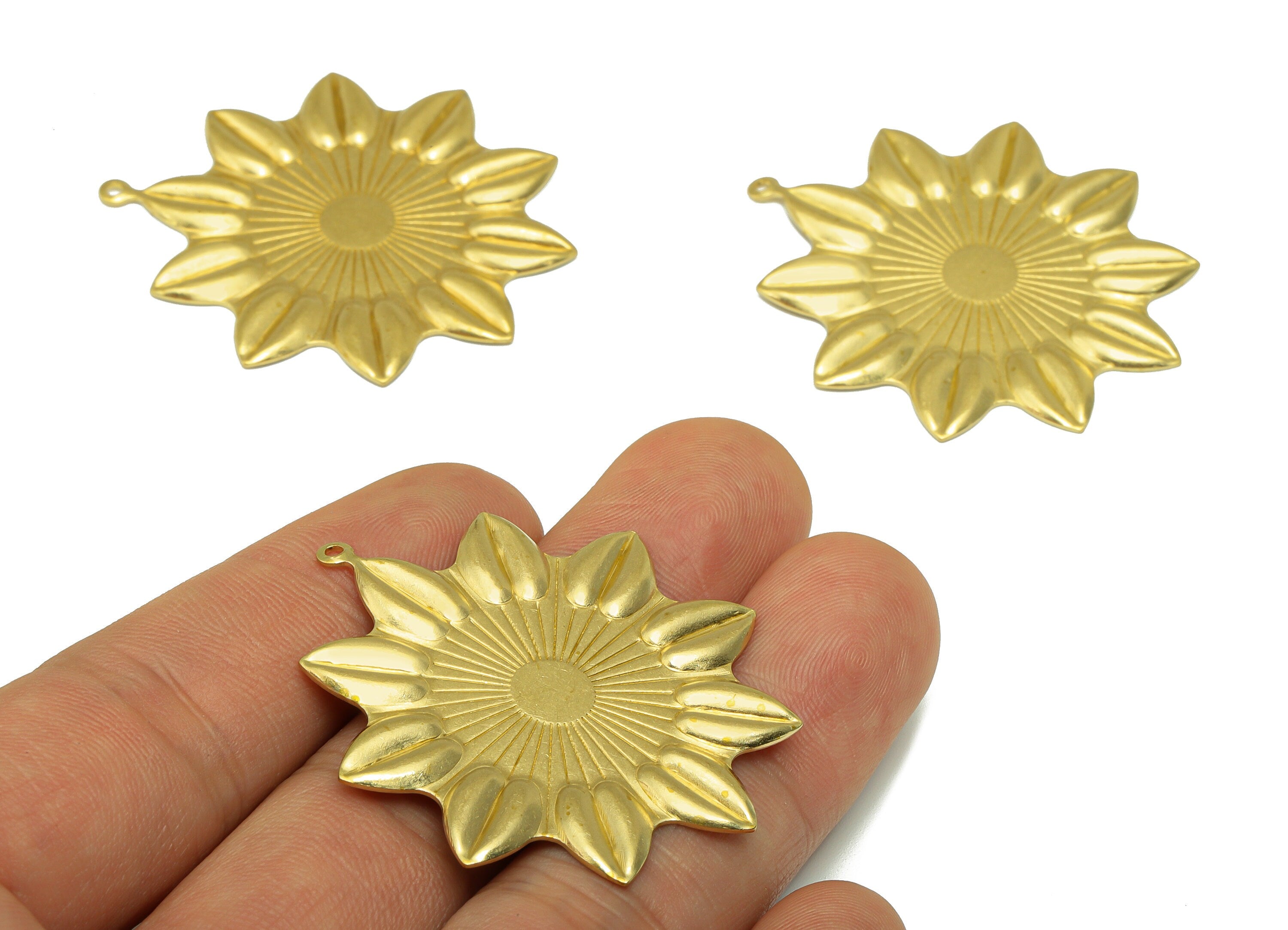 Brass Flower Earring - Brass Sunflower Pendant - Brass Botanical Earring Charm - For Necklace -For Pendant- 43.26 x 37.83 x 1.53mm - PP8514 - DOMEDBAZAAR